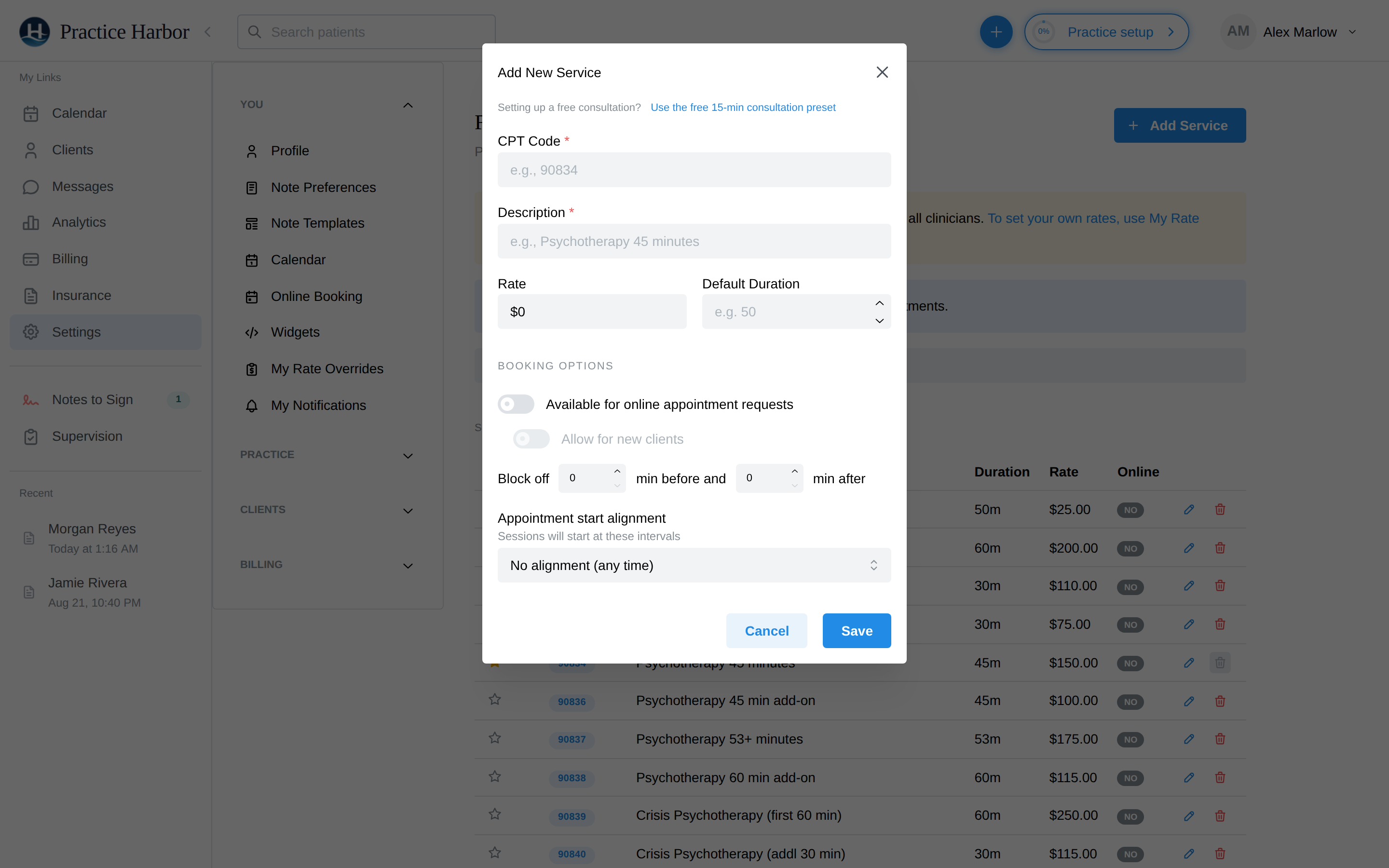 The Add New Service modal: CPT code, description, rate, duration, and booking options