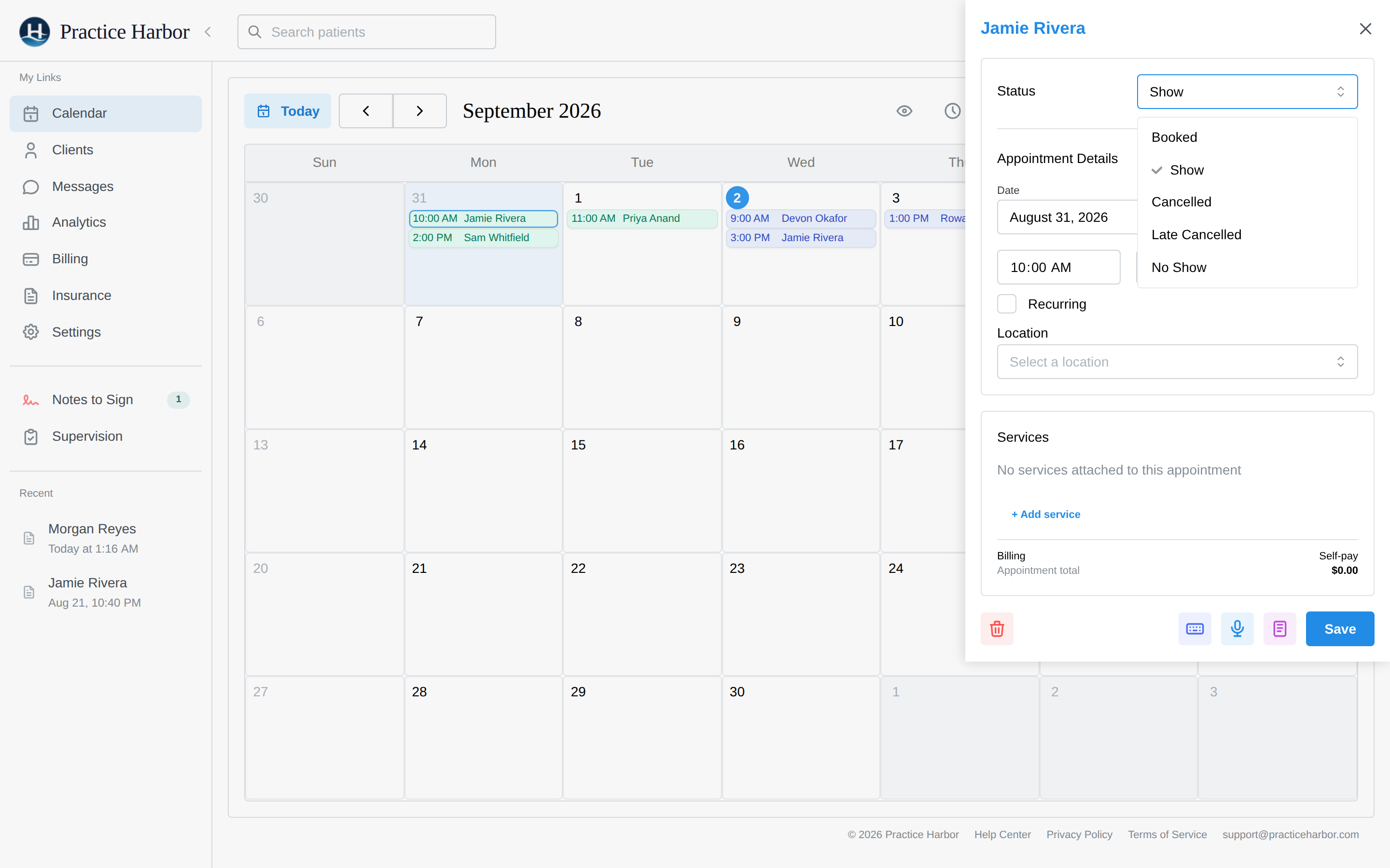 The appointment status dropdown with Late Cancelled selected