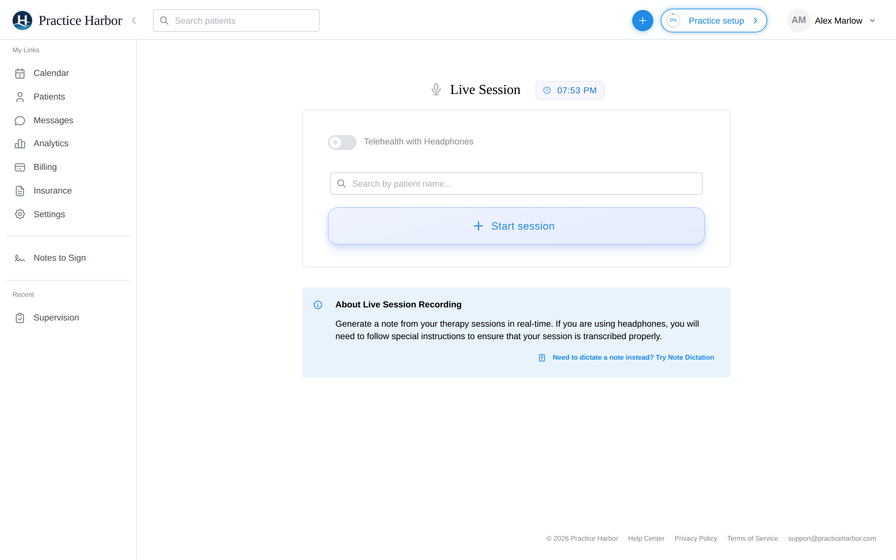 The Live Session page: client search, Start session button, and the telehealth-with-headphones toggle