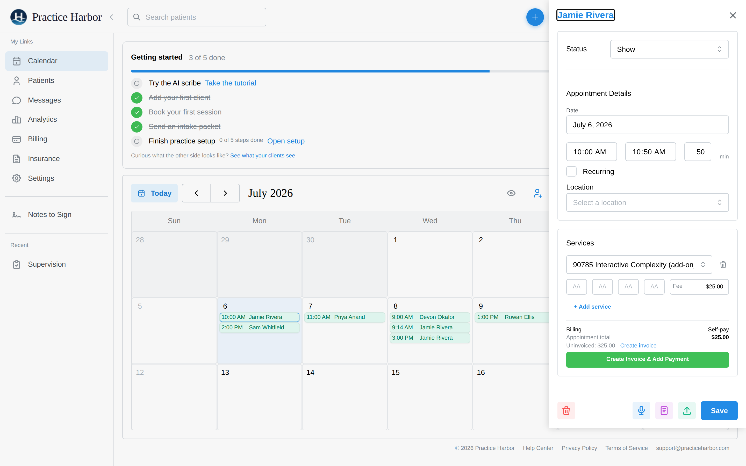 The appointment details panel: status dropdown, date/time, recurring option, location, and action buttons