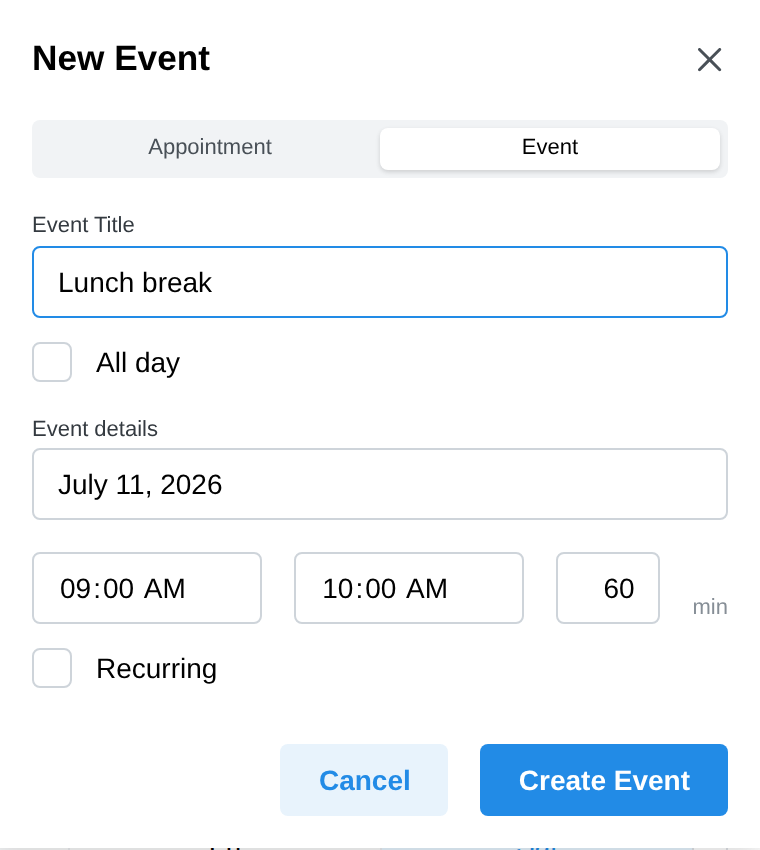 New Event panel on the calendar with the Event mode selected