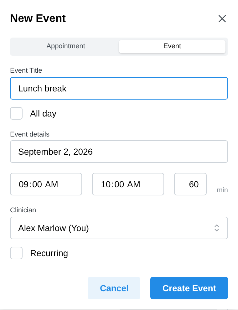 New Event panel on the calendar with the Event mode selected