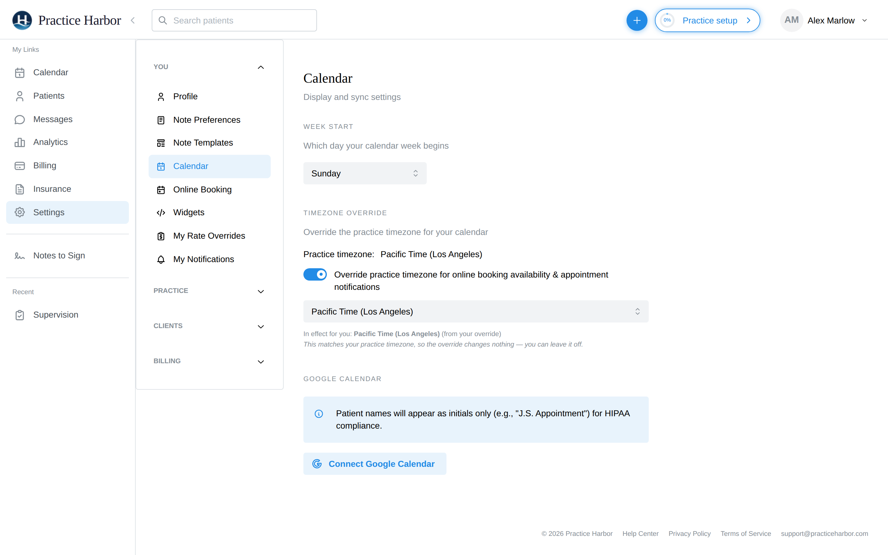 Calendar settings with week start, timezone override, and the Connect Google Calendar button
