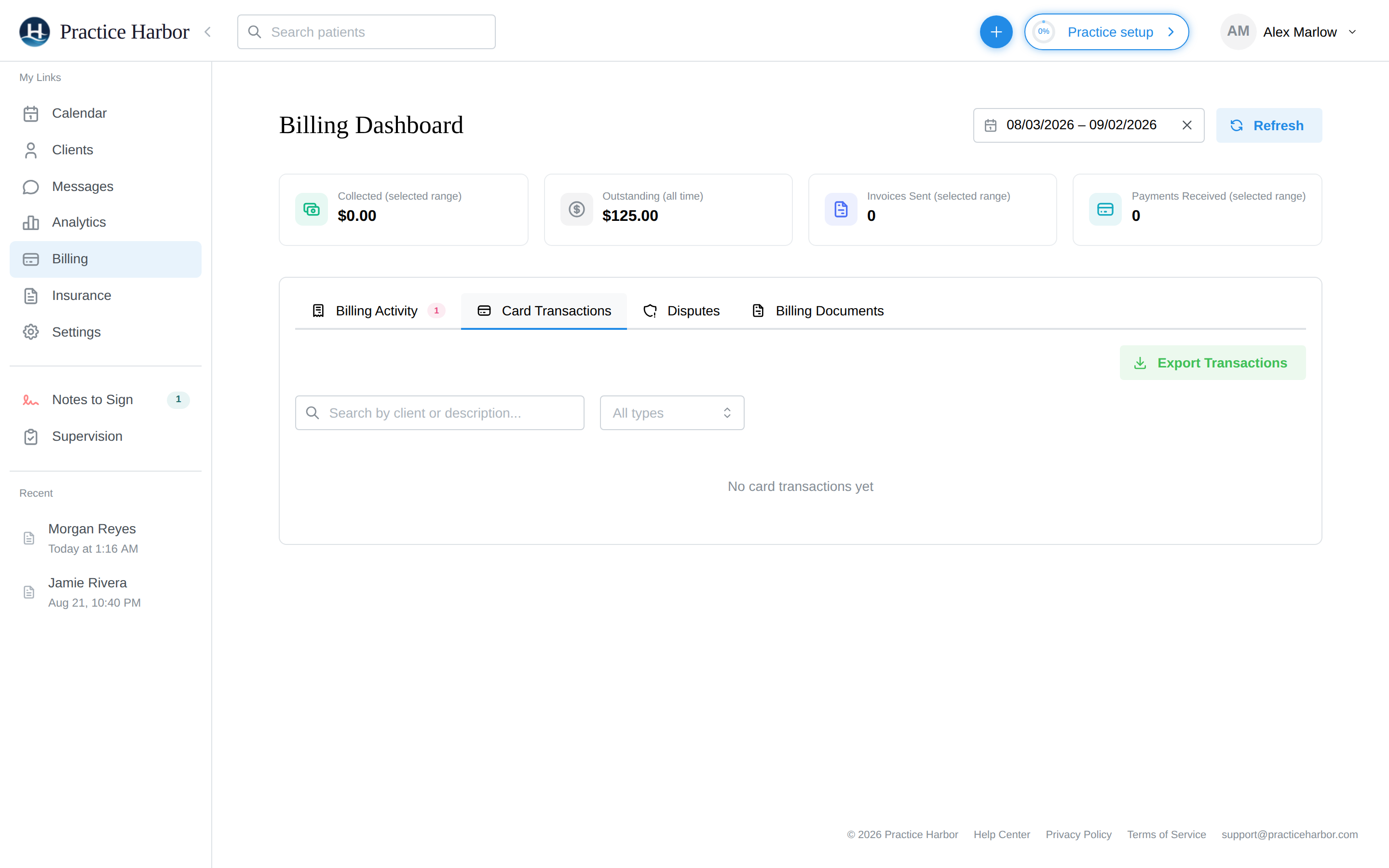The Card Transactions tab on the Billing dashboard