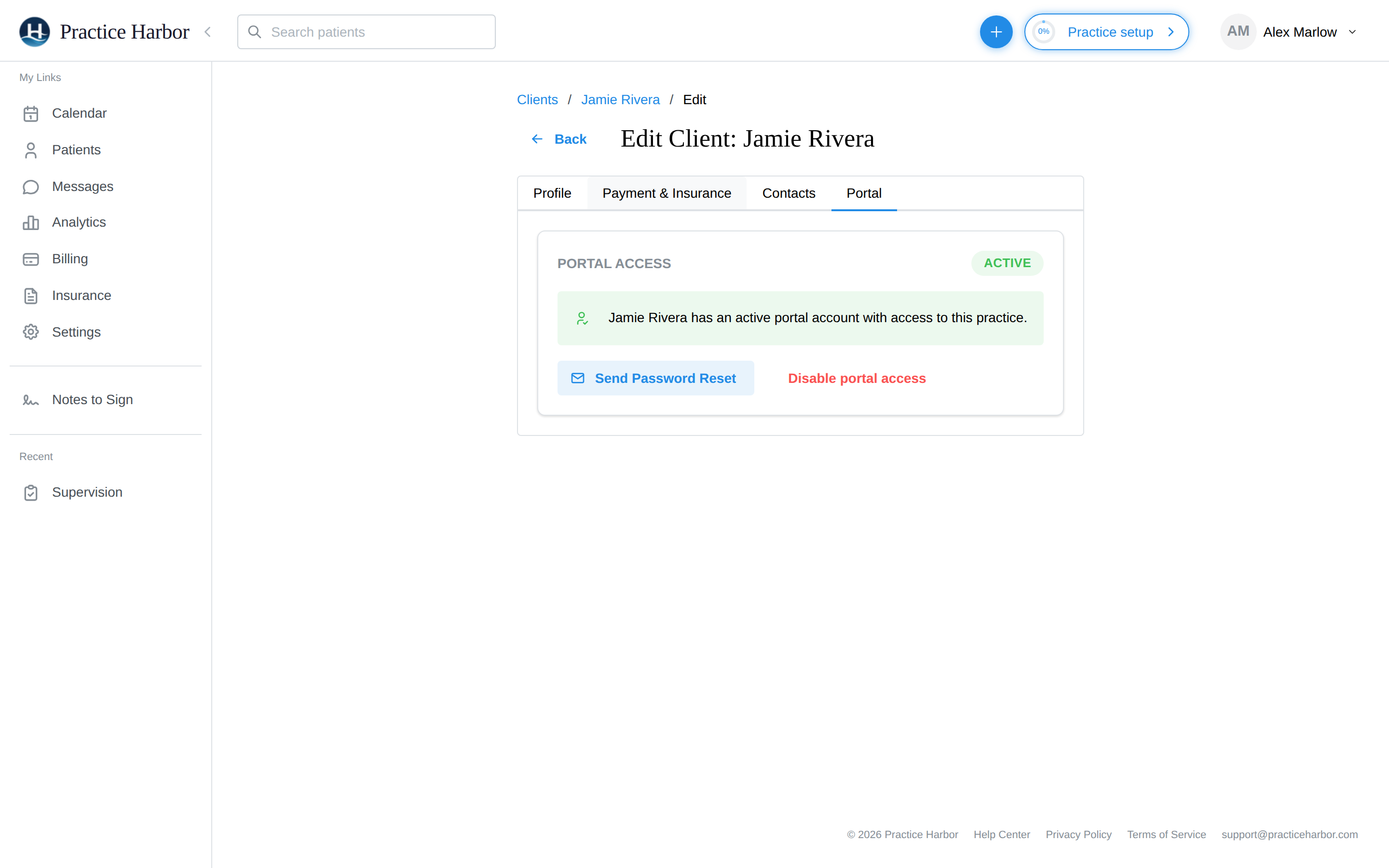 The Portal tab showing portal access status and the Send Invitation button