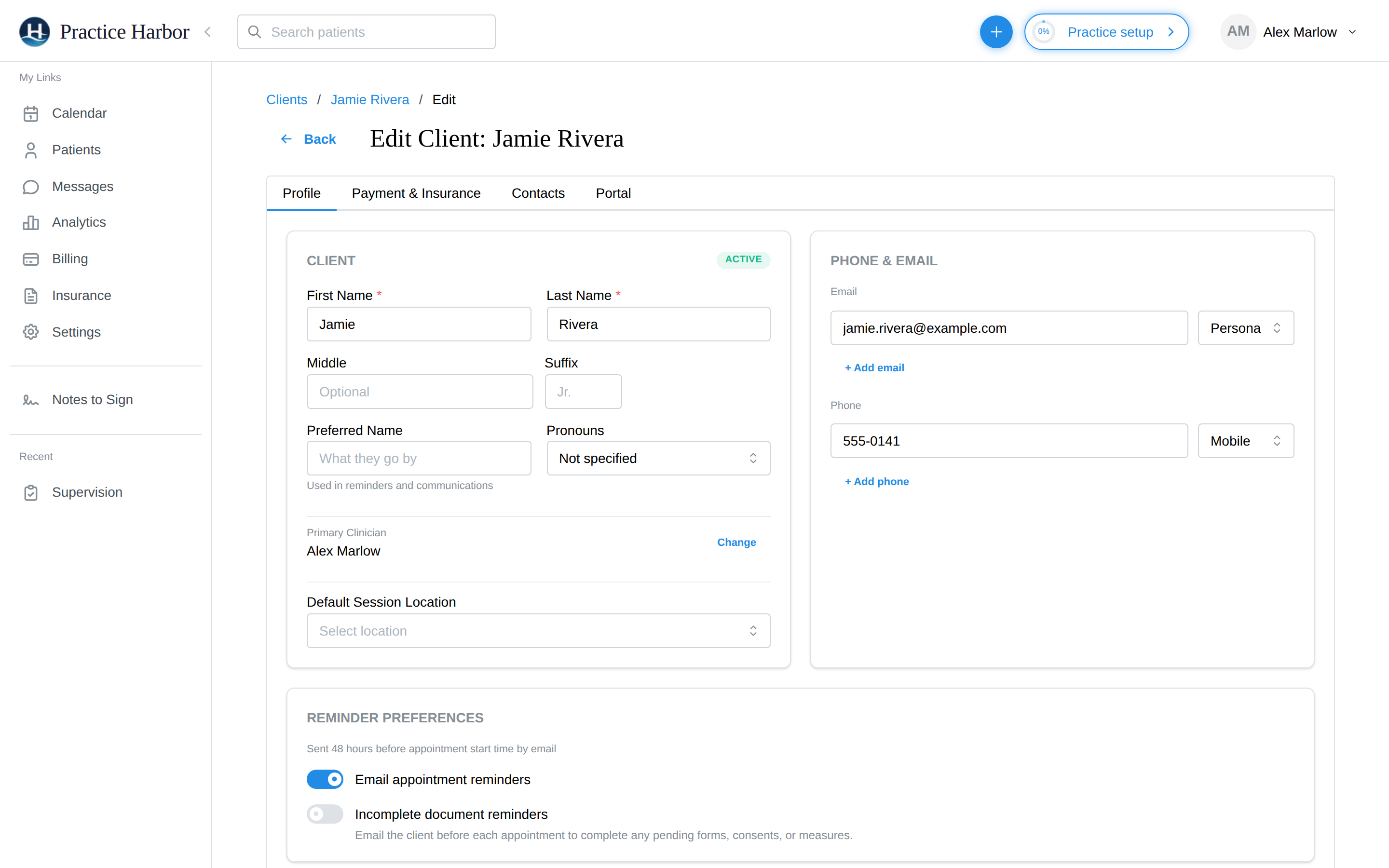 The Profile tab of the Edit Client page