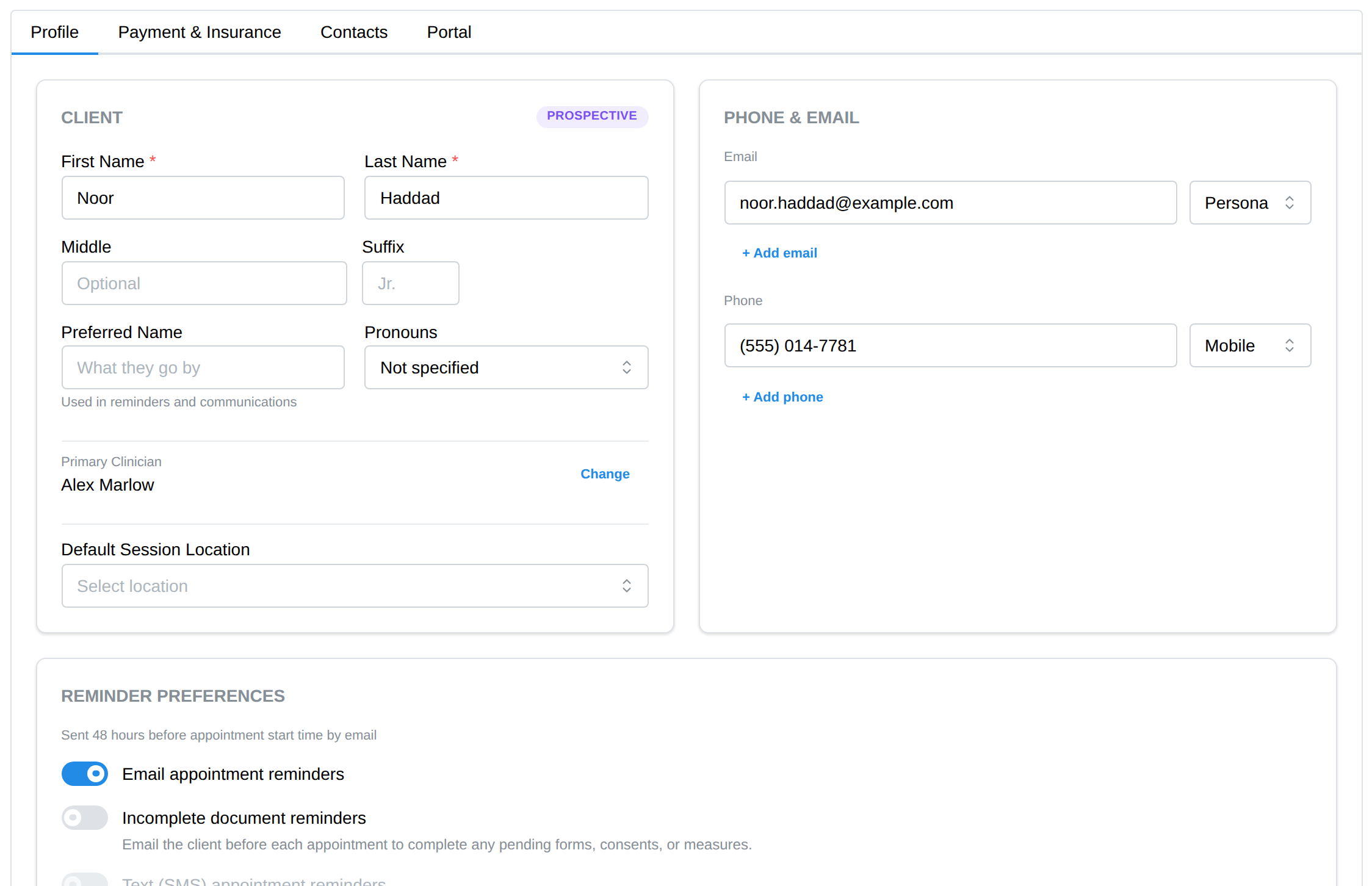 The status badge on the Client Info tab, which cycles Active, Prospective, Inactive