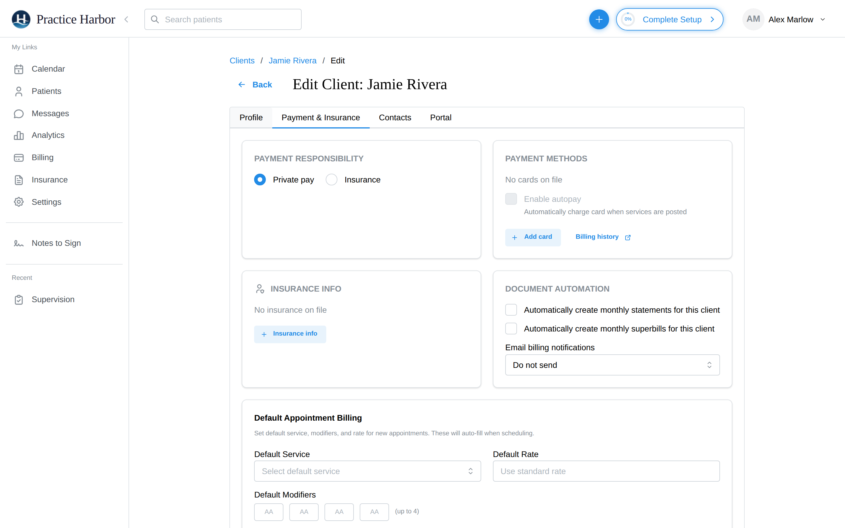 The Payment &amp; Insurance tab