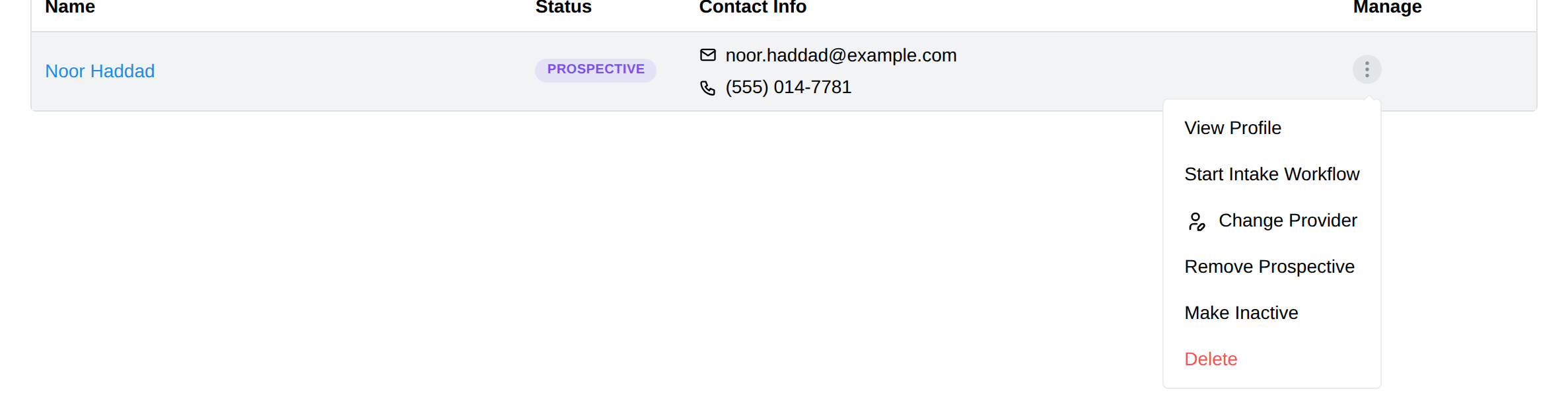 A prospective client on the Clients page with the row menu open