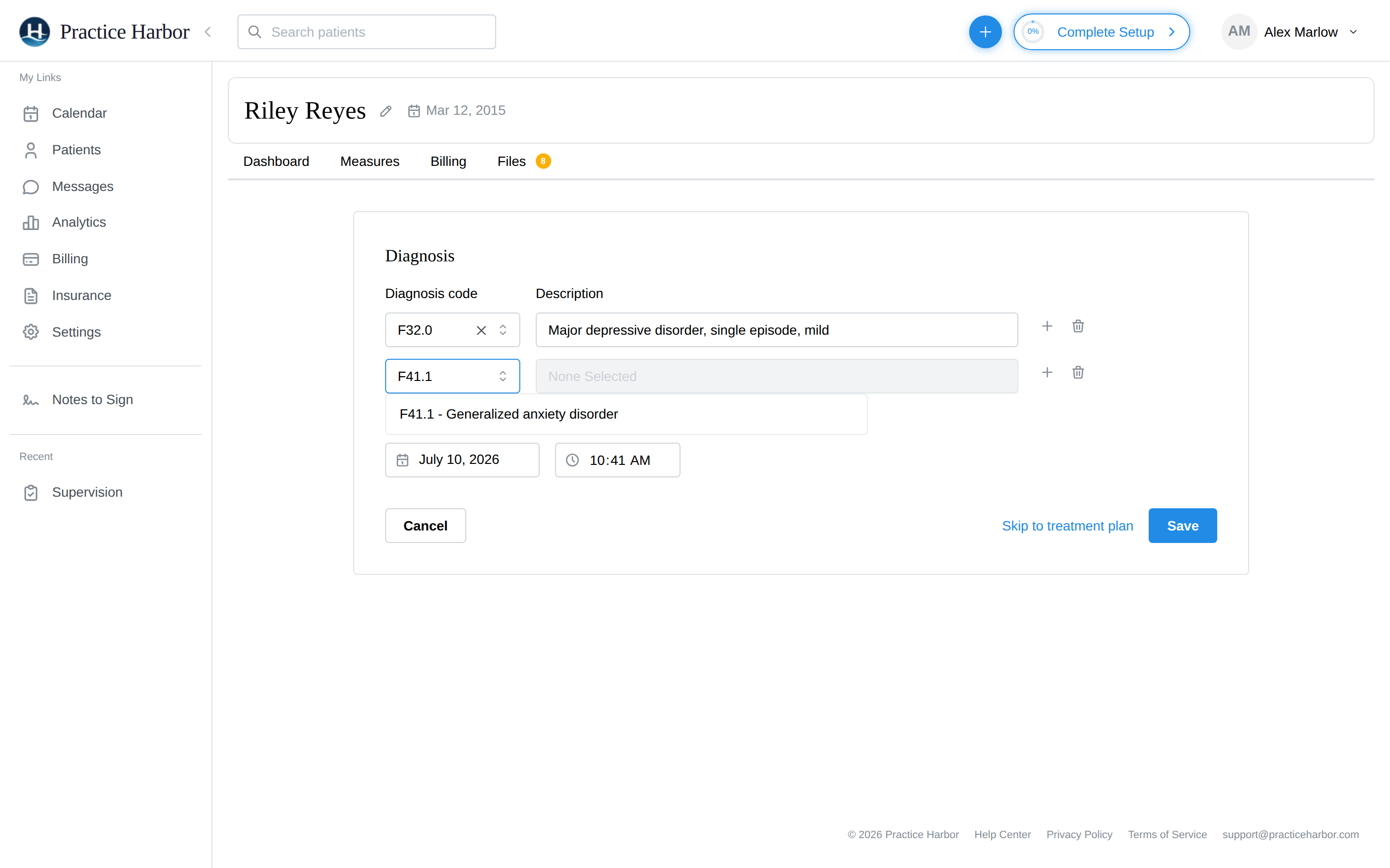 Two diagnosis rows with the code picker open on the second