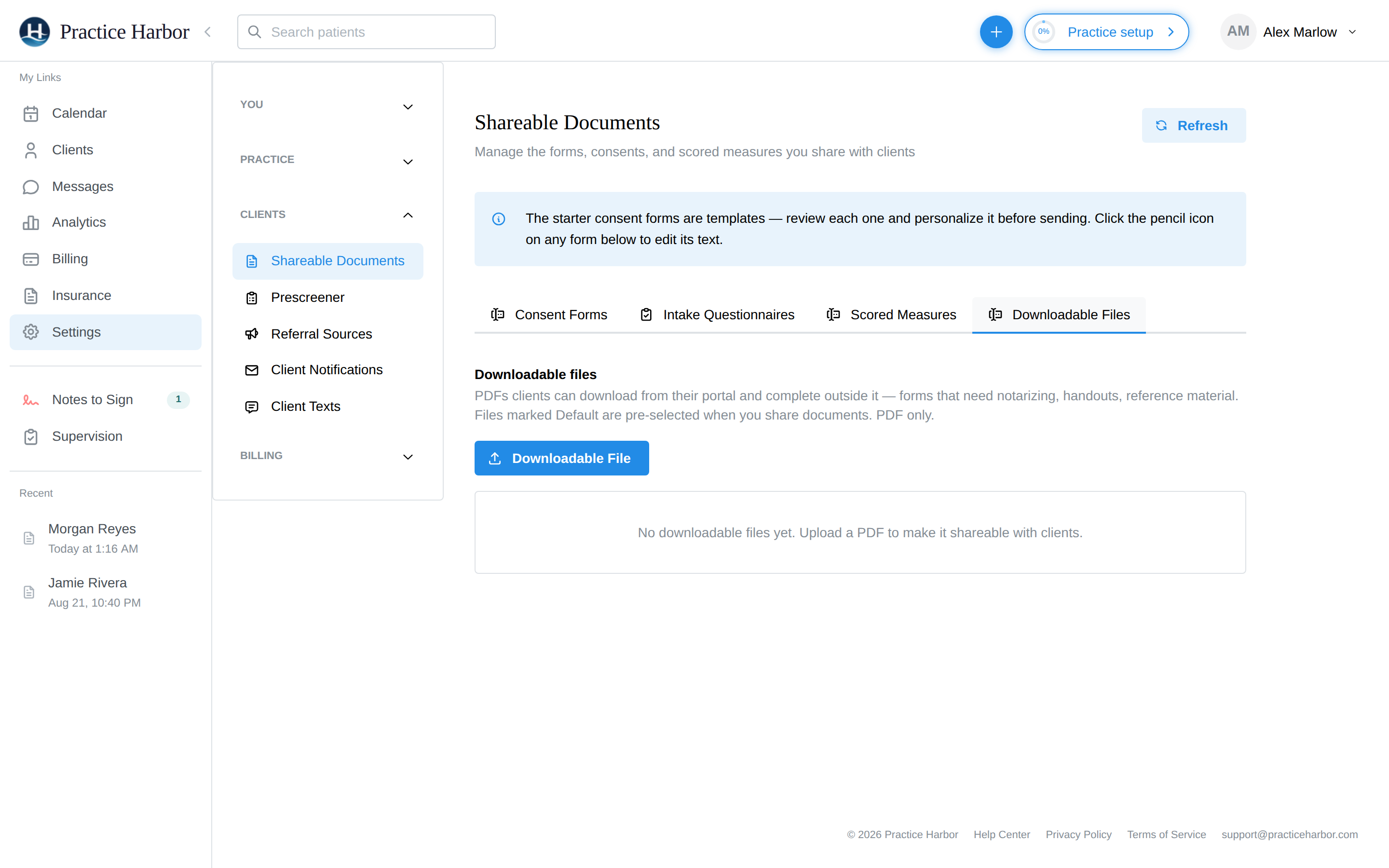 The Downloadable Files tab under Settings → Intake Documents