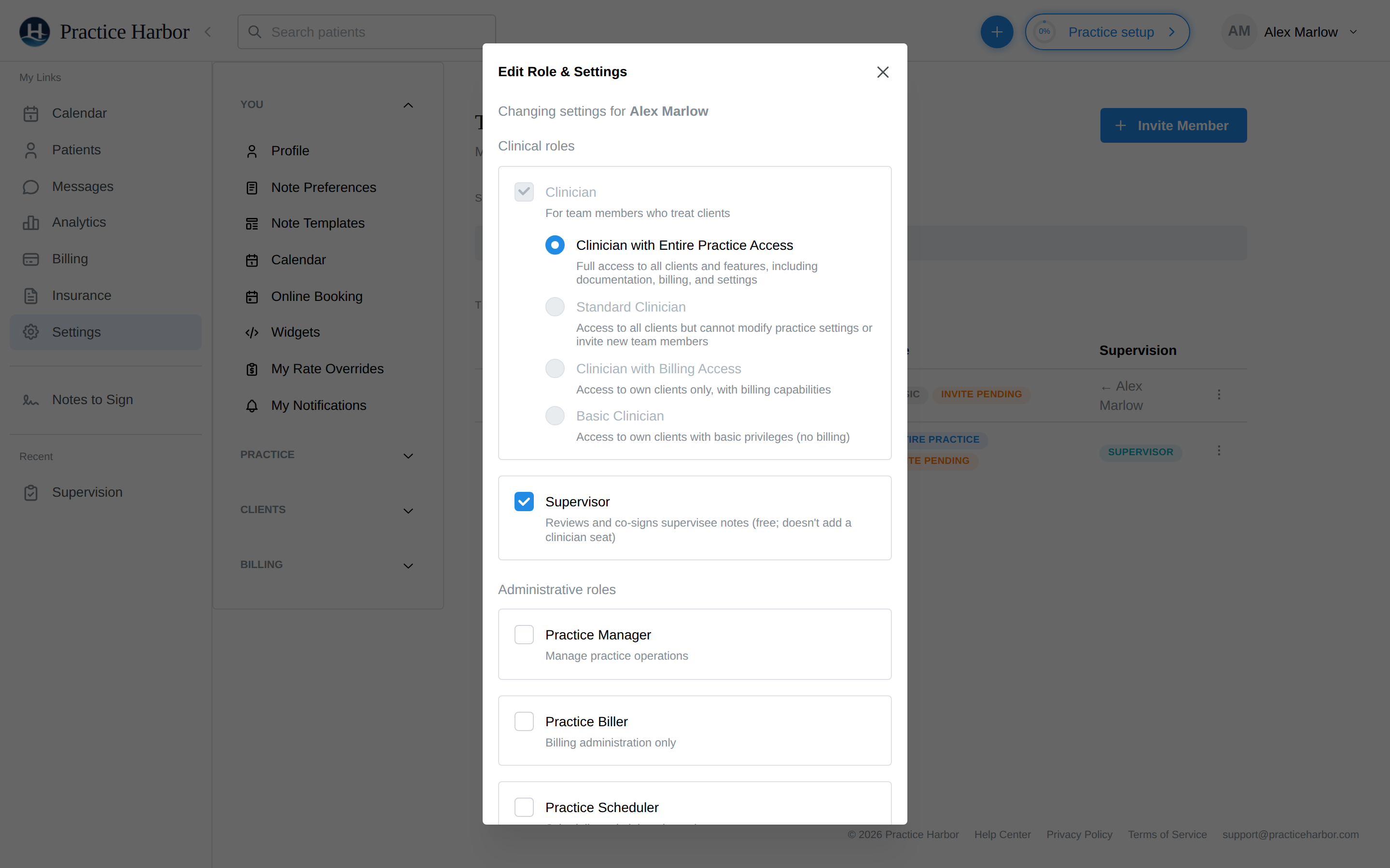 The Edit Role & Settings dialog for a team member