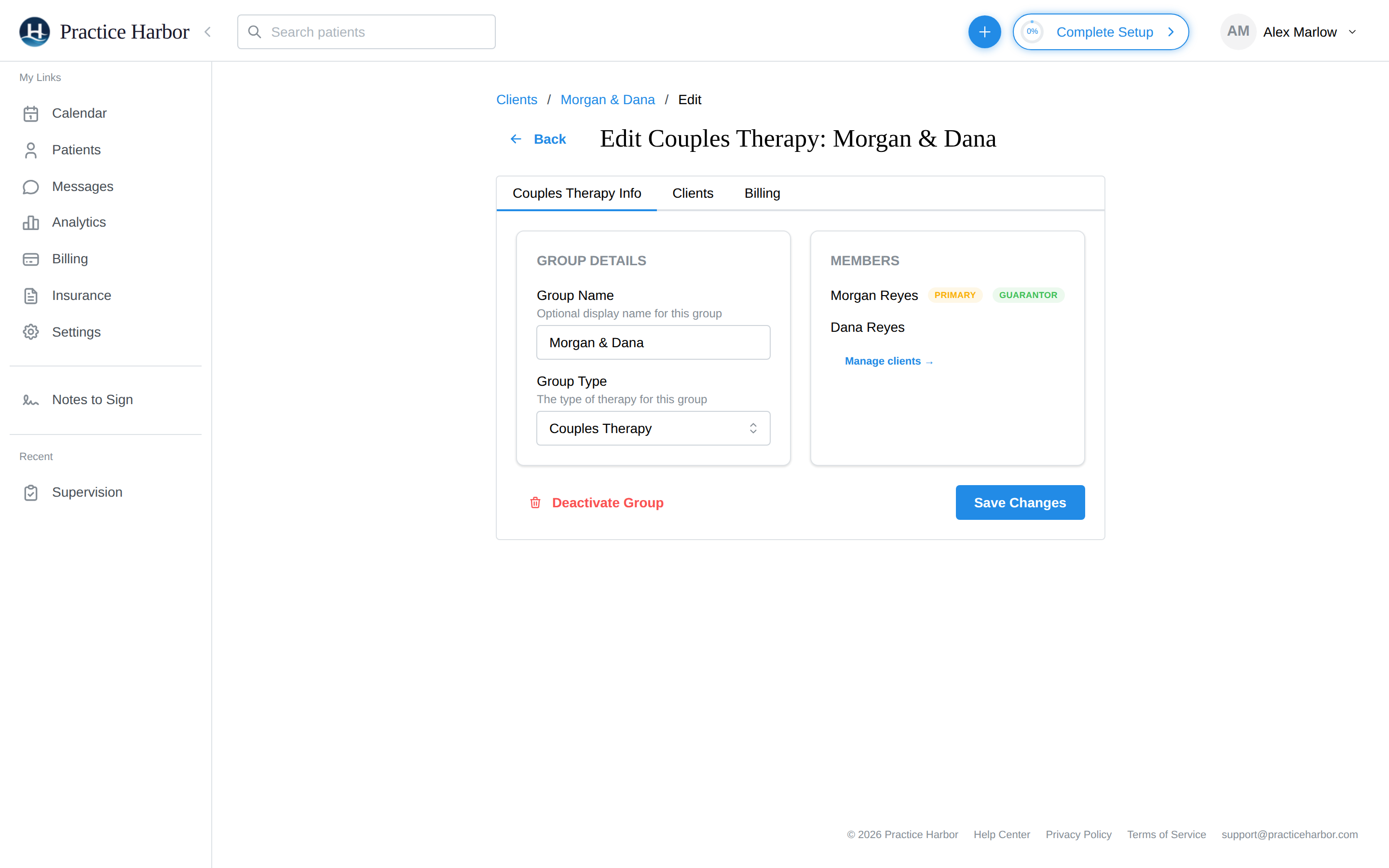 The group edit Info tab with Group Name and Group Type