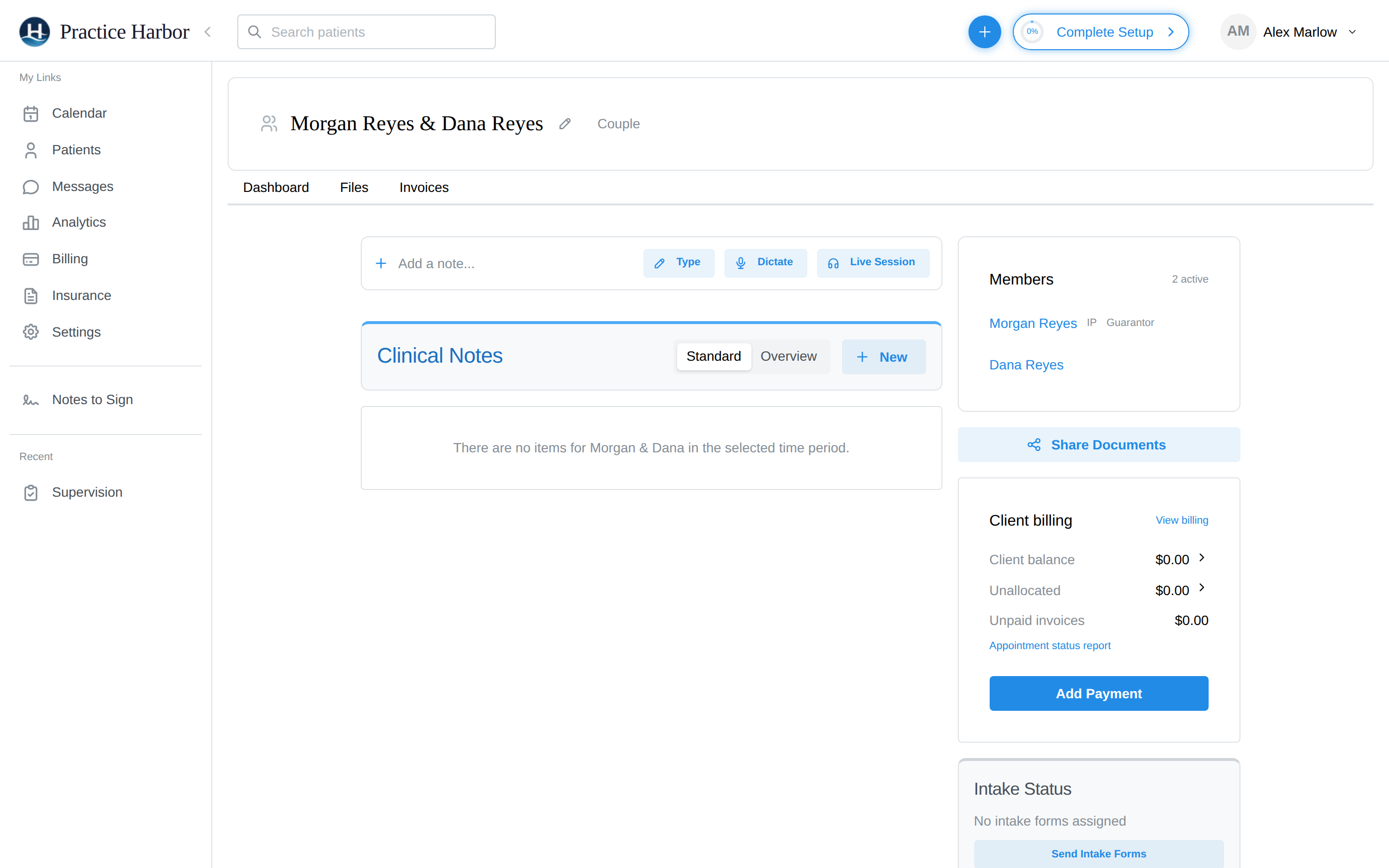 The group profile with note bar, Members card, Share Documents, and billing summary