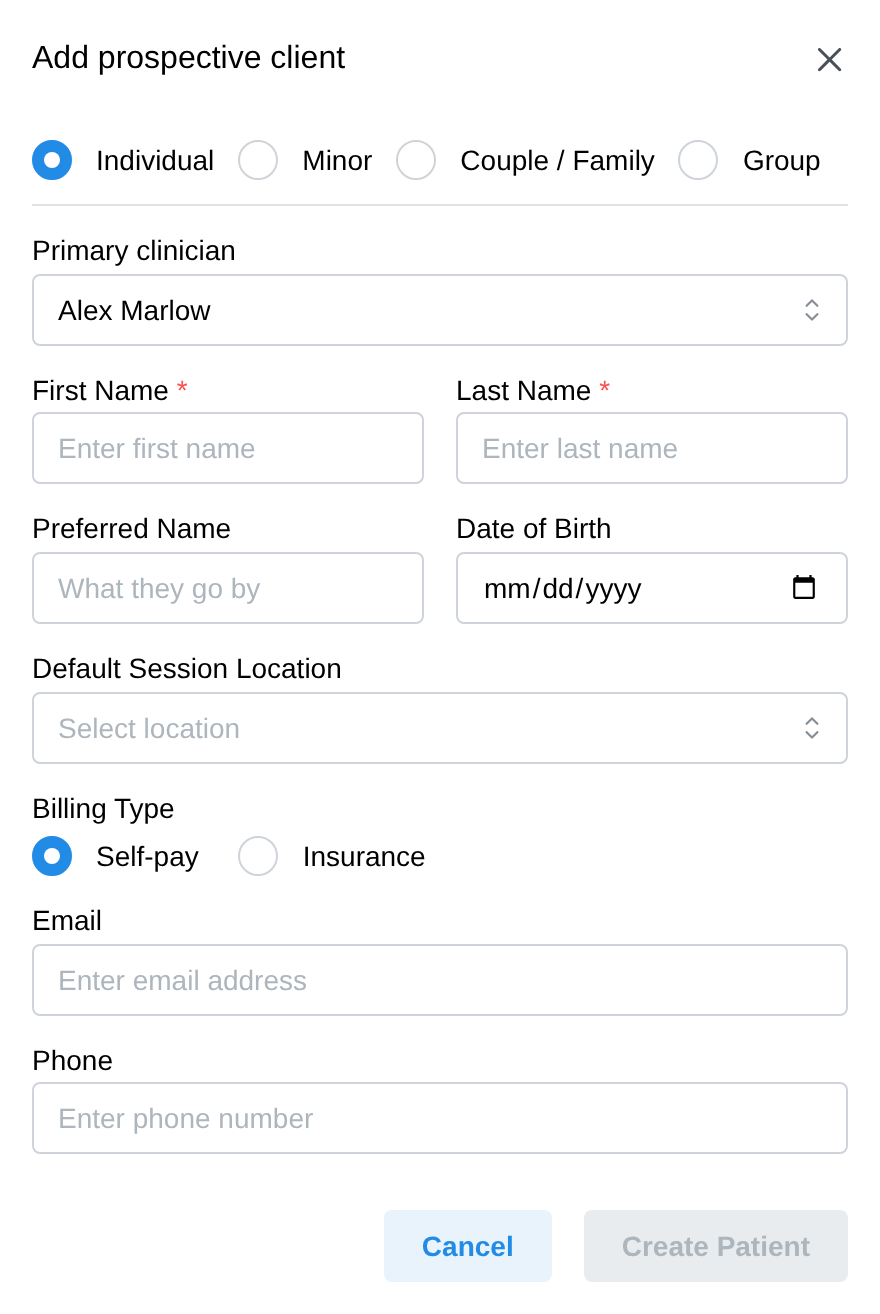 The Add prospective client form