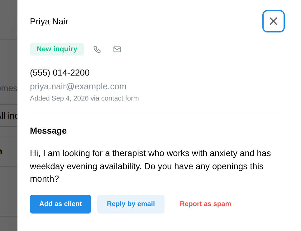 The panel for a contact-form message with Add as client, Reply by email and Report as spam
