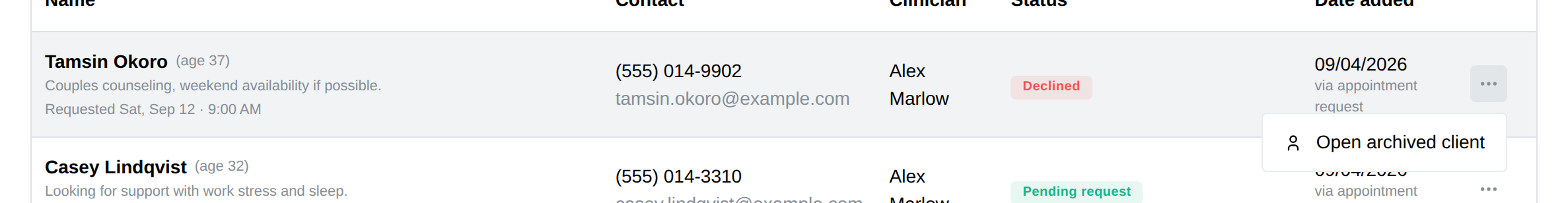 The row menu for a declined request