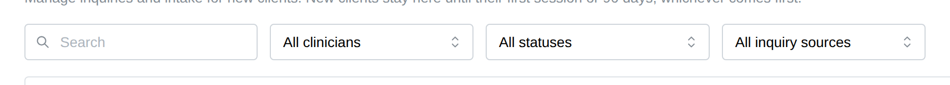The search box and the clinician, status and source filters above the list