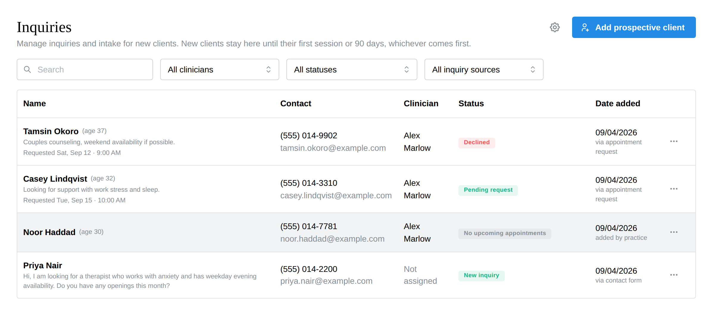 The Inquiries page with a pending request, a contact-form message, and a prospective client