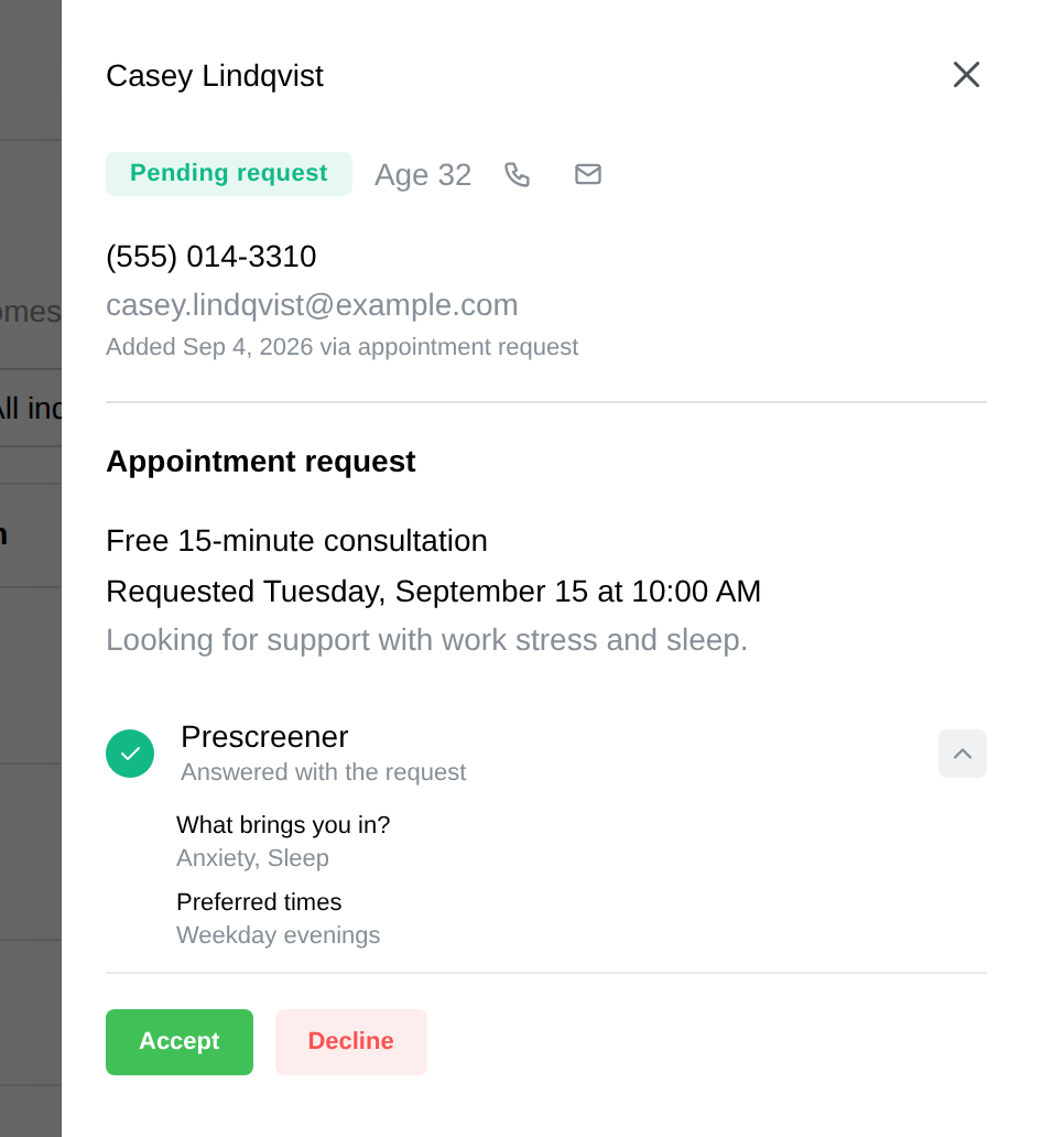 The panel for a booking request: service, requested time, prescreener answers, Accept and Decline
