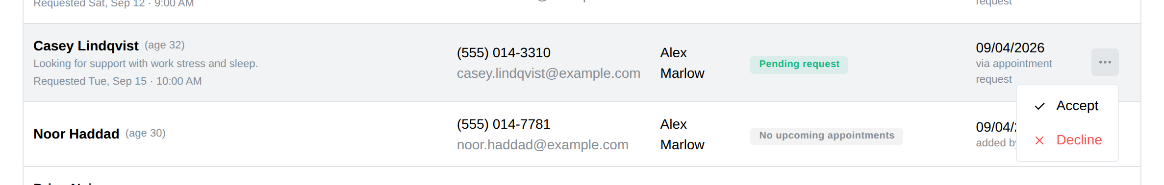 The row menu for a booking request: Accept and Decline