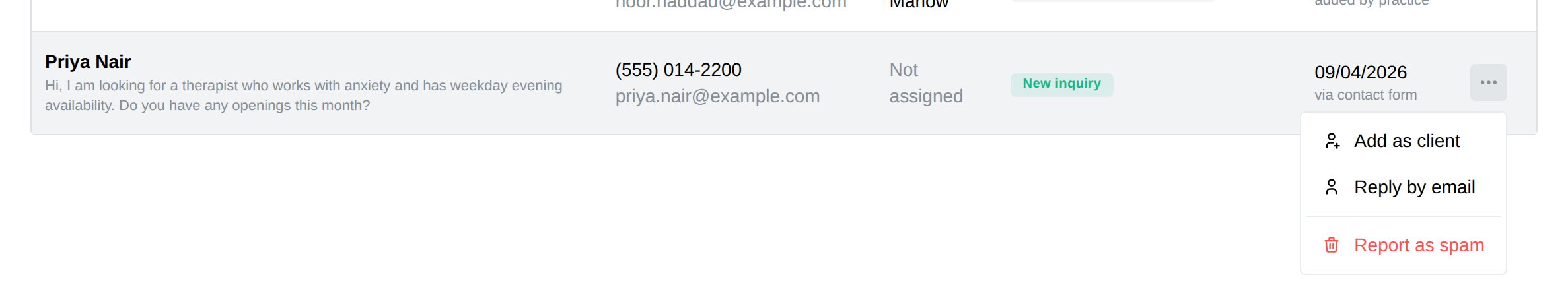 The row menu for a contact-form message: Add as client, Reply by email, Report as spam