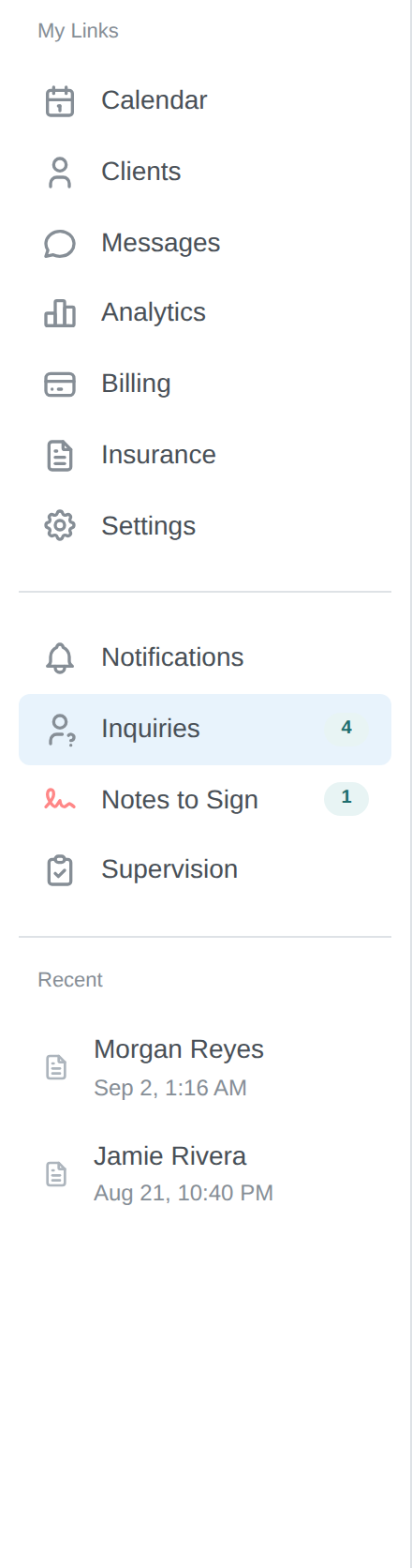 The left sidebar with the Inquiries item and its count