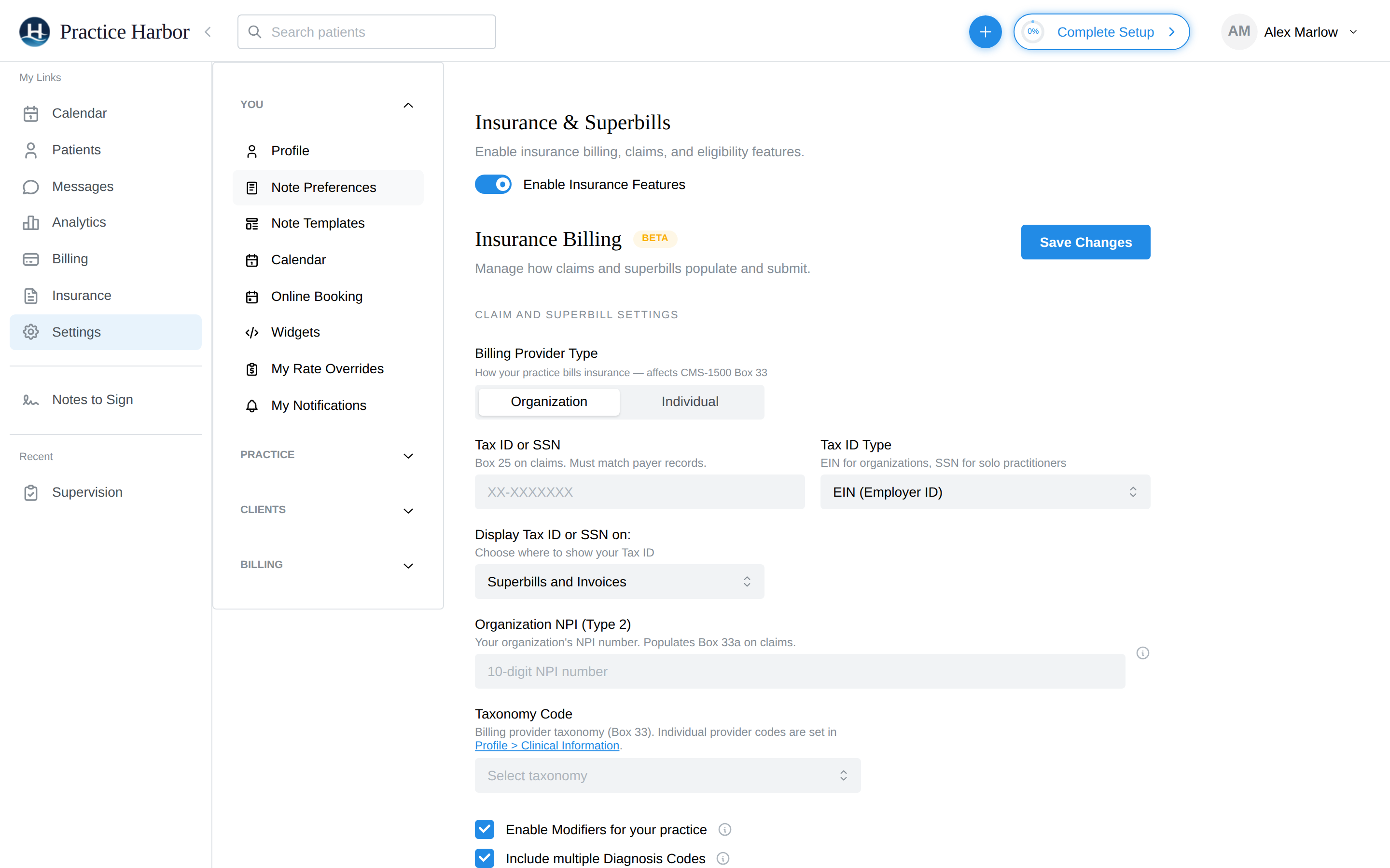 The Insurance &amp; Superbills settings page with the Enable Insurance Features toggle