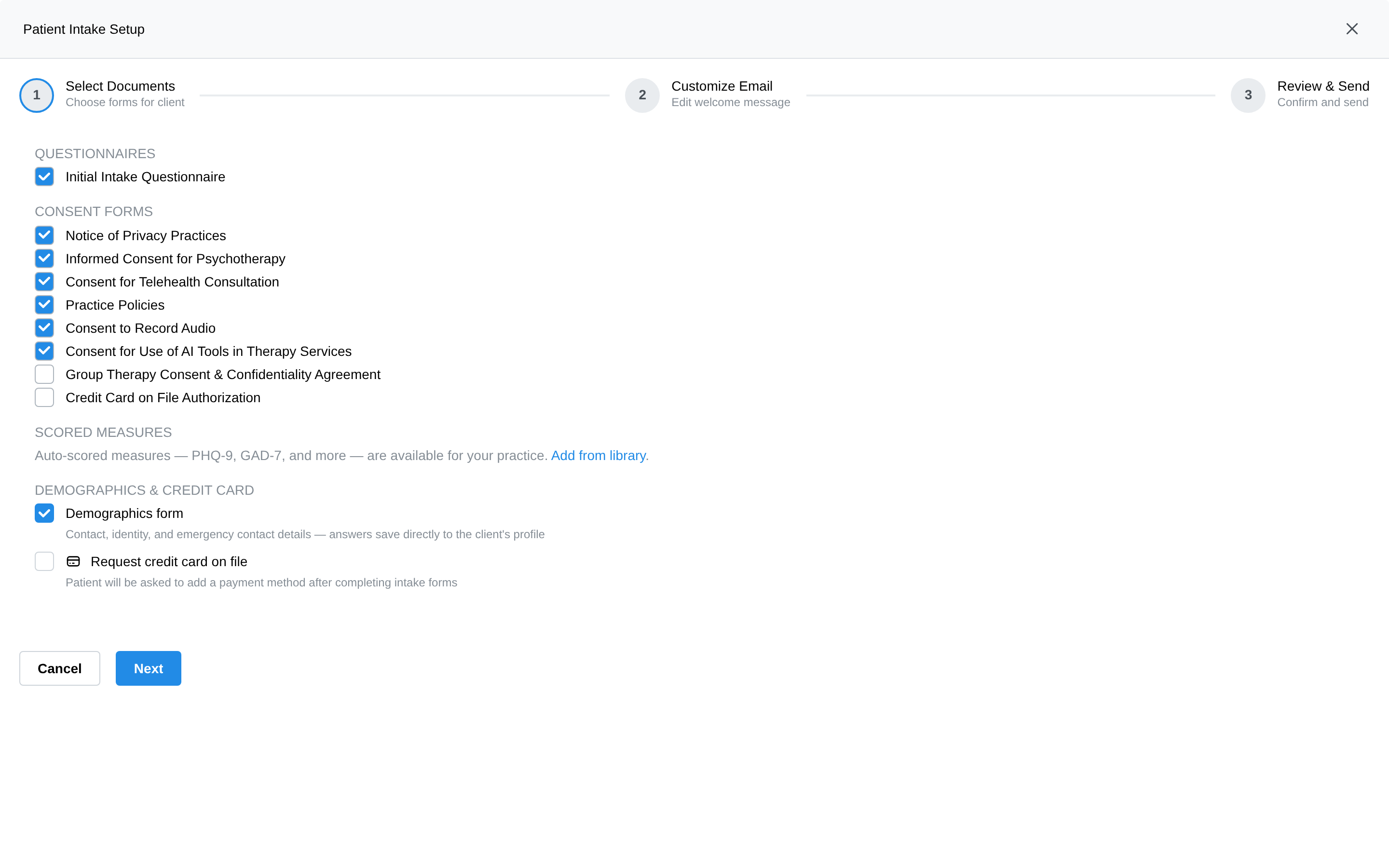 Step 1 of the intake wizard with document sections and pre-checked packet