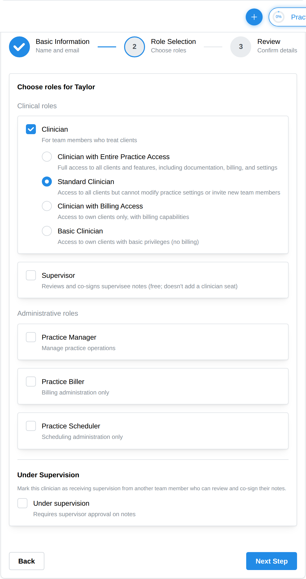 Clinical and administrative role selection when adding a team member