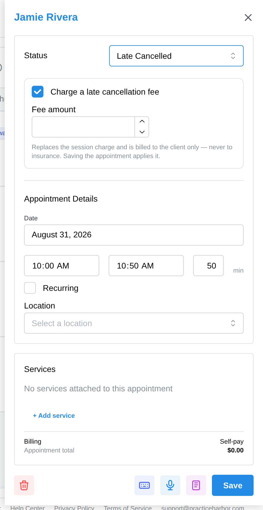 The fee panel with the charge checkbox and editable amount