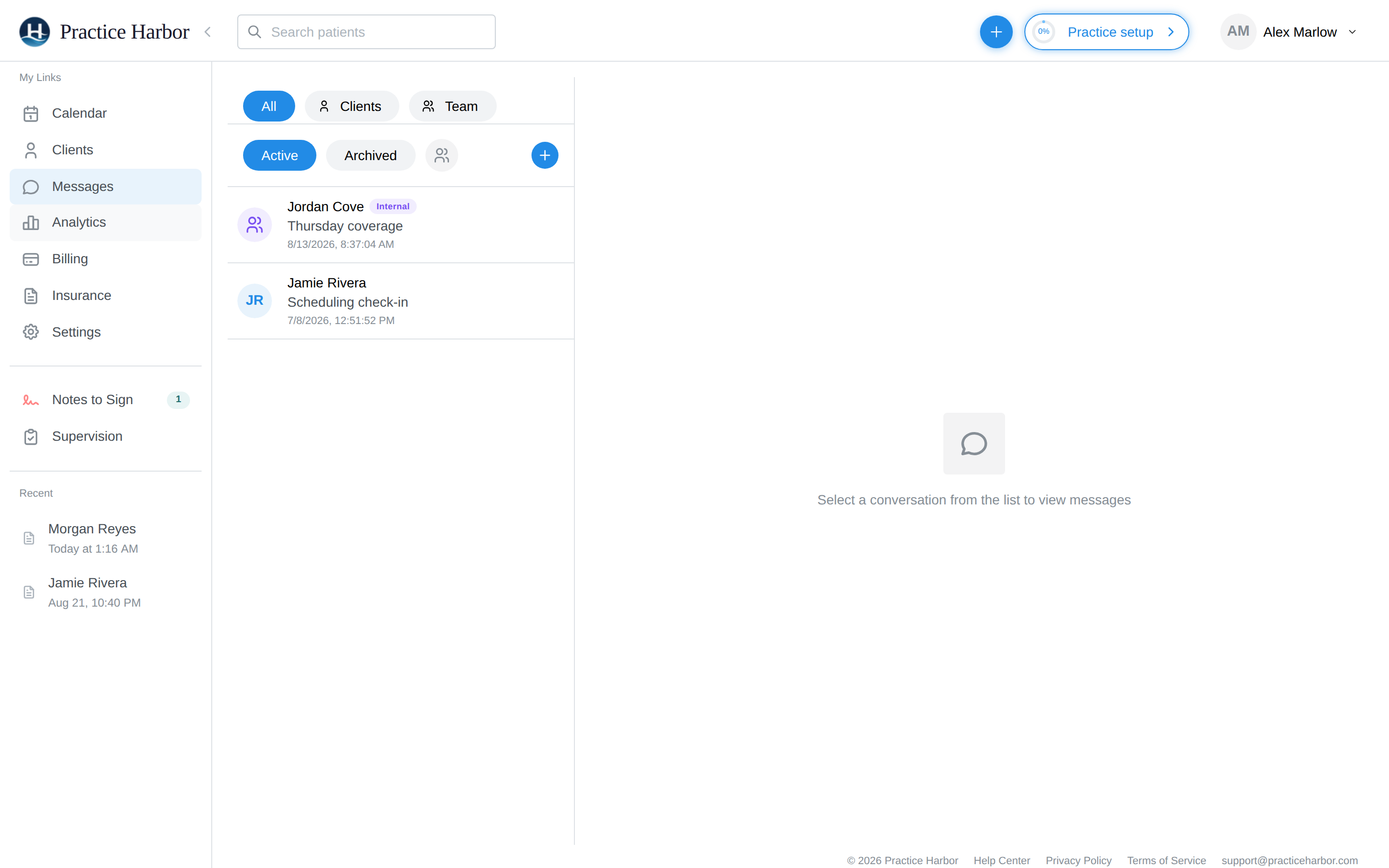 The Messages inbox showing a team conversation with its purple Internal badge above a client conversation