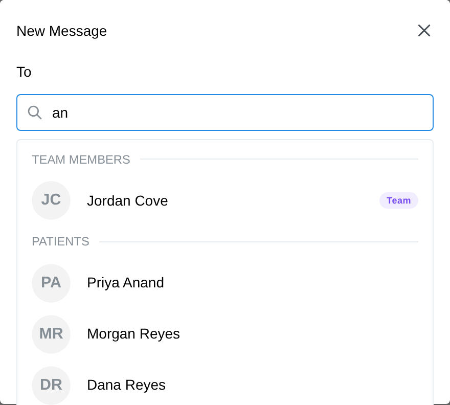 The New Message dialog: one search with Team Members listed above Patients, the teammate marked with a Team badge