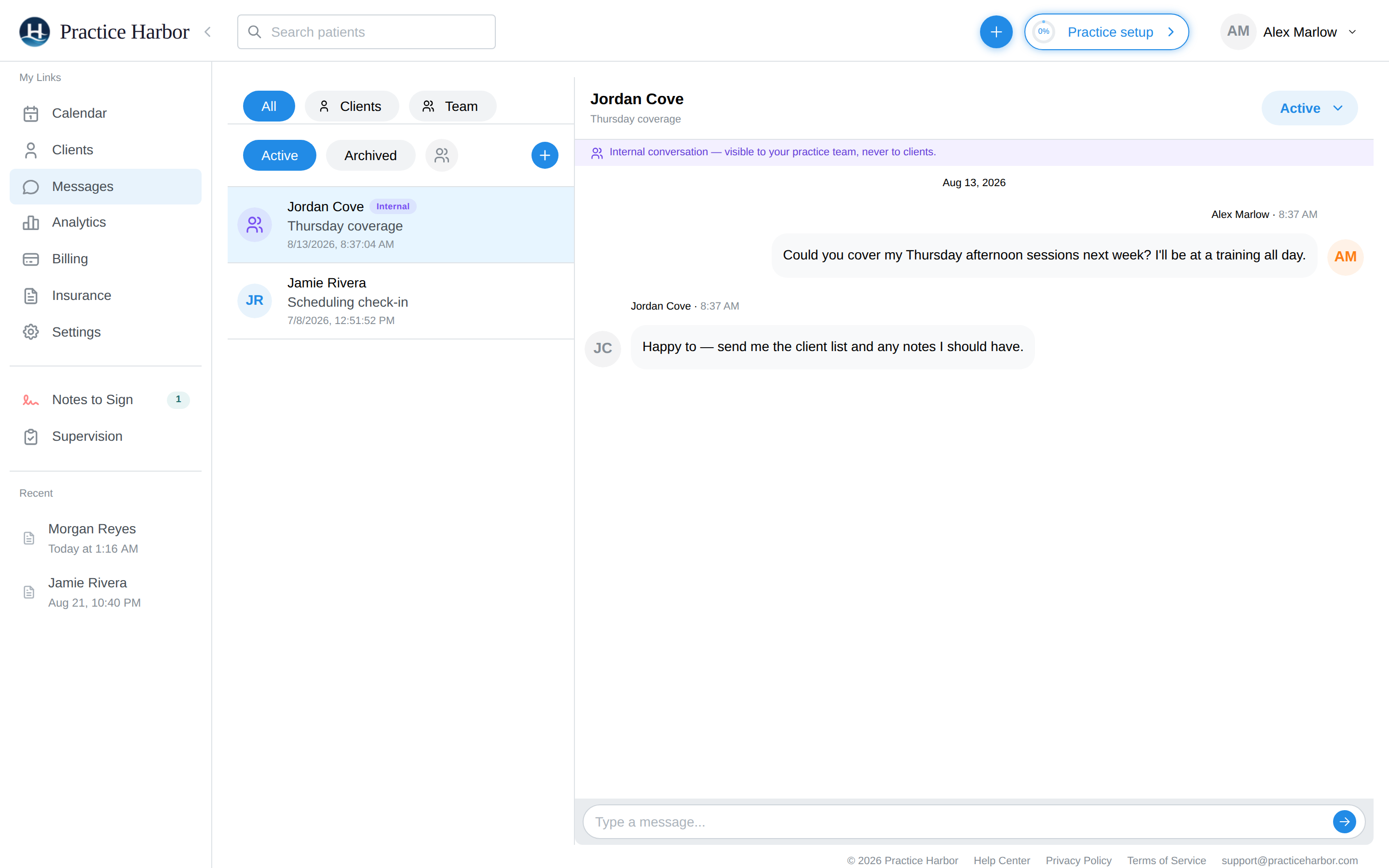 An open team conversation with the internal-conversation banner above the reply box