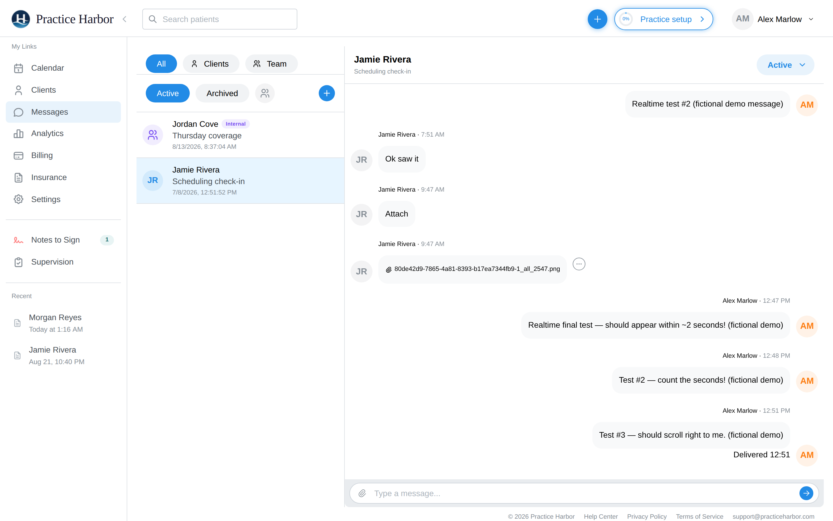 The Messages page: conversation list with Active/Archived filters, and an open thread with the composer