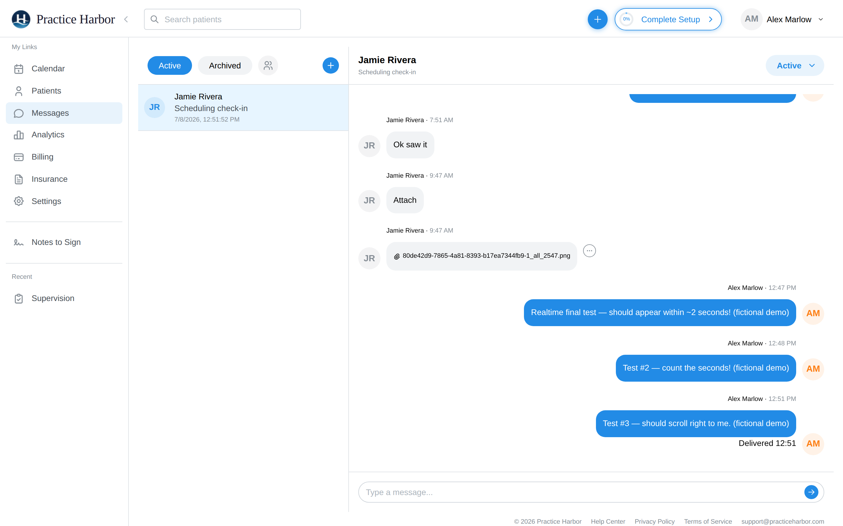 The Messages page: conversation list with Active/Archived filters, and an open thread with the composer