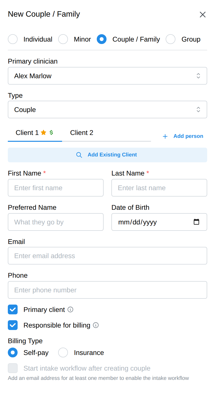 The New Couple / Family form with member tabs and the billing-responsibility checkbox