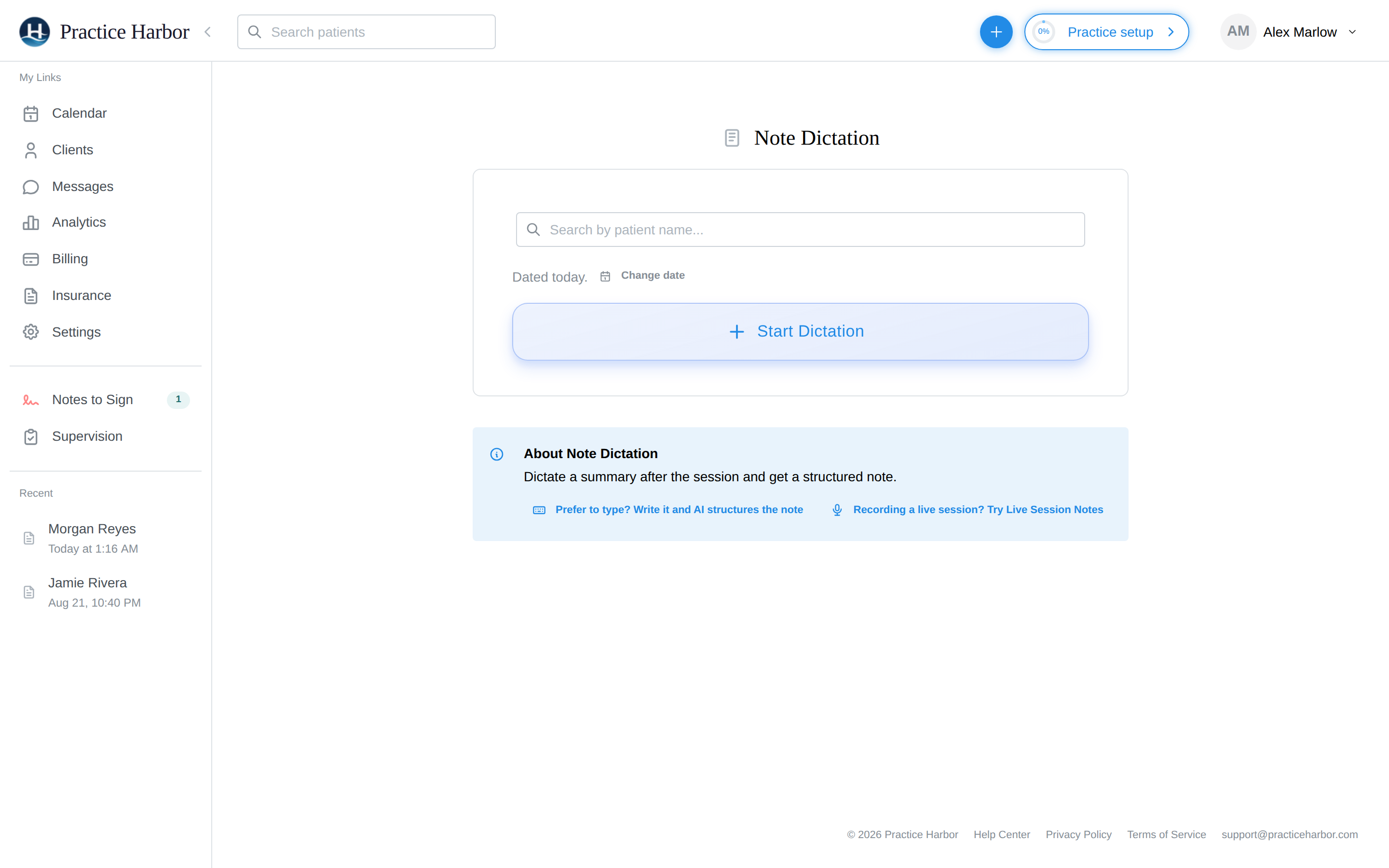 The Note Dictation page with patient search and Start Dictation