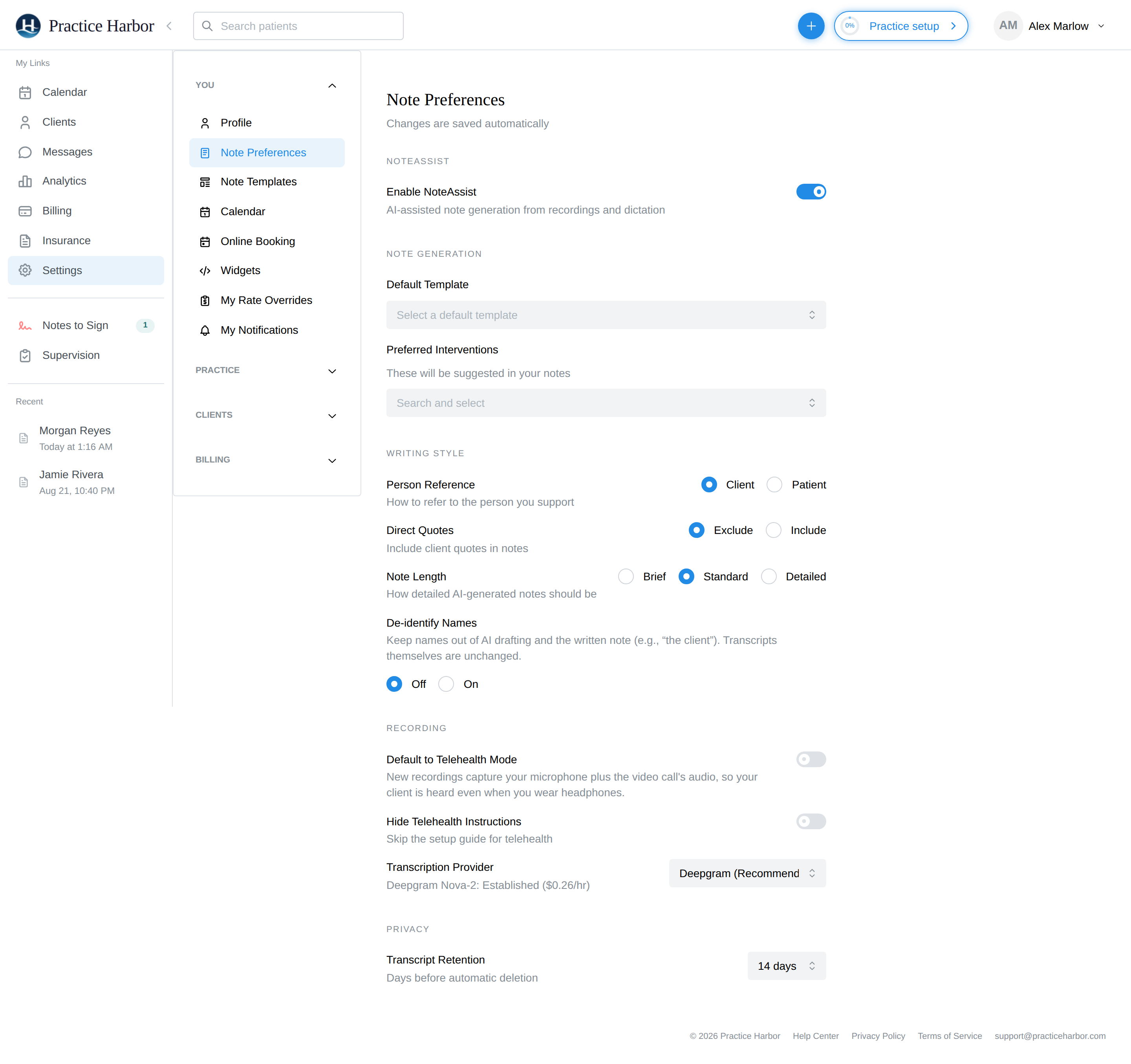 Note Preferences settings where the default template is chosen