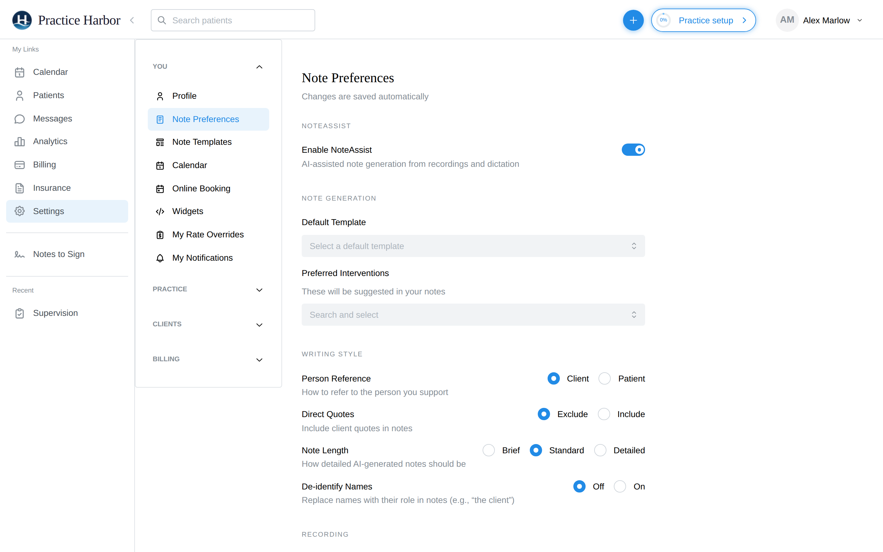 Note Preferences settings where the default template is chosen