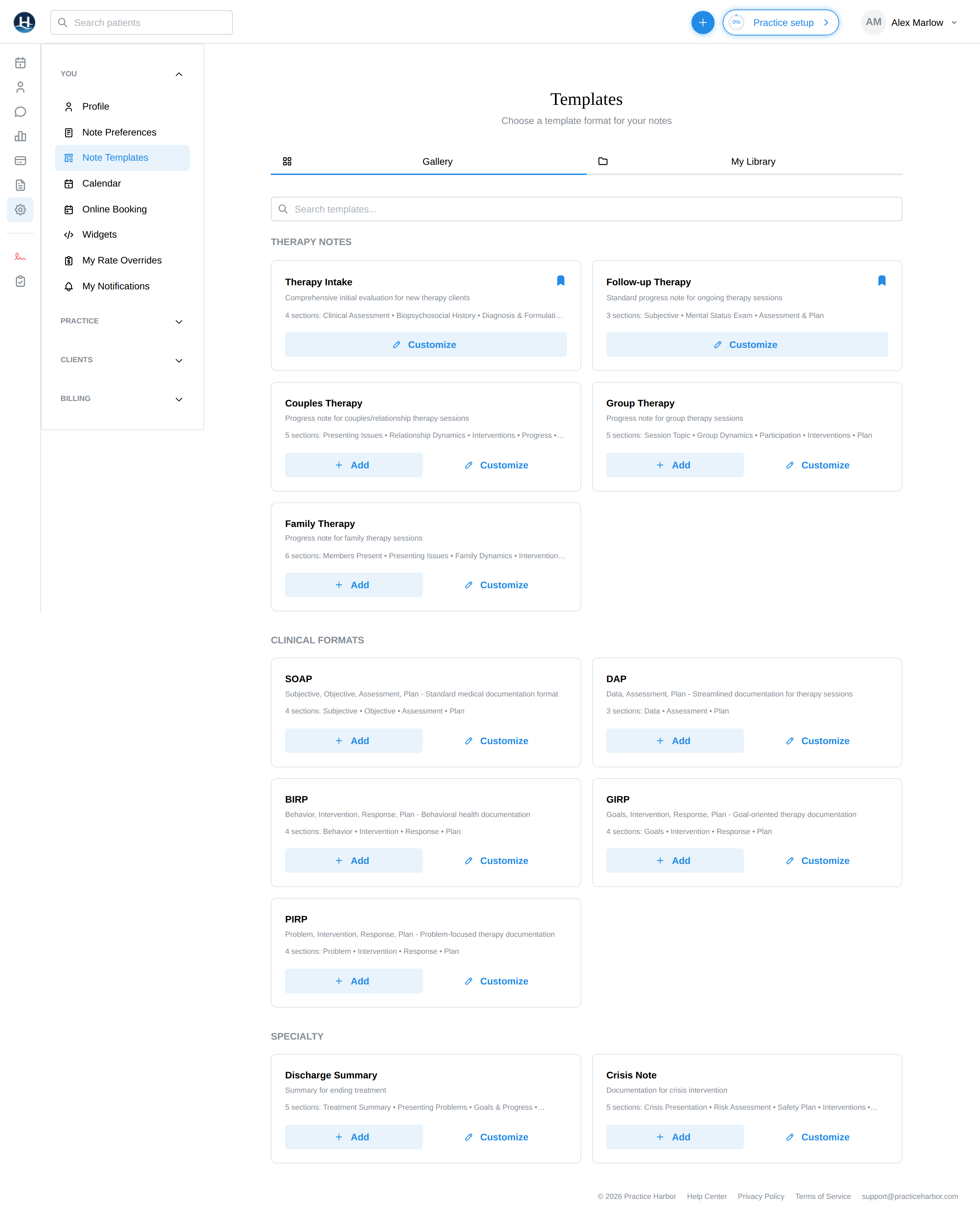 The Templates page: Gallery and My Library tabs with template cards