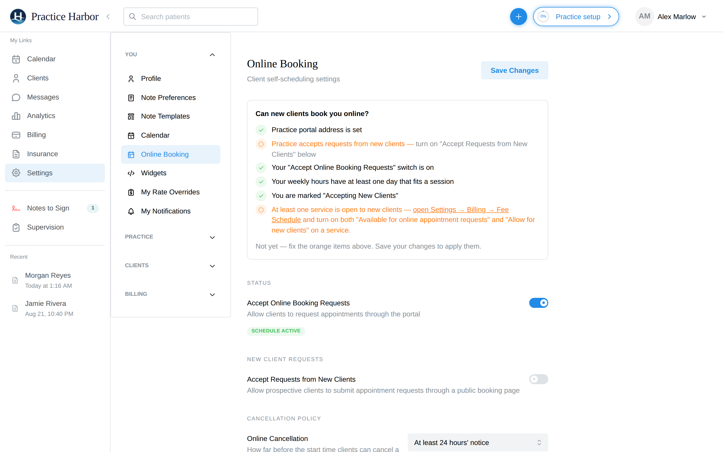 Online Booking settings with the Accept Online Booking Requests switch on