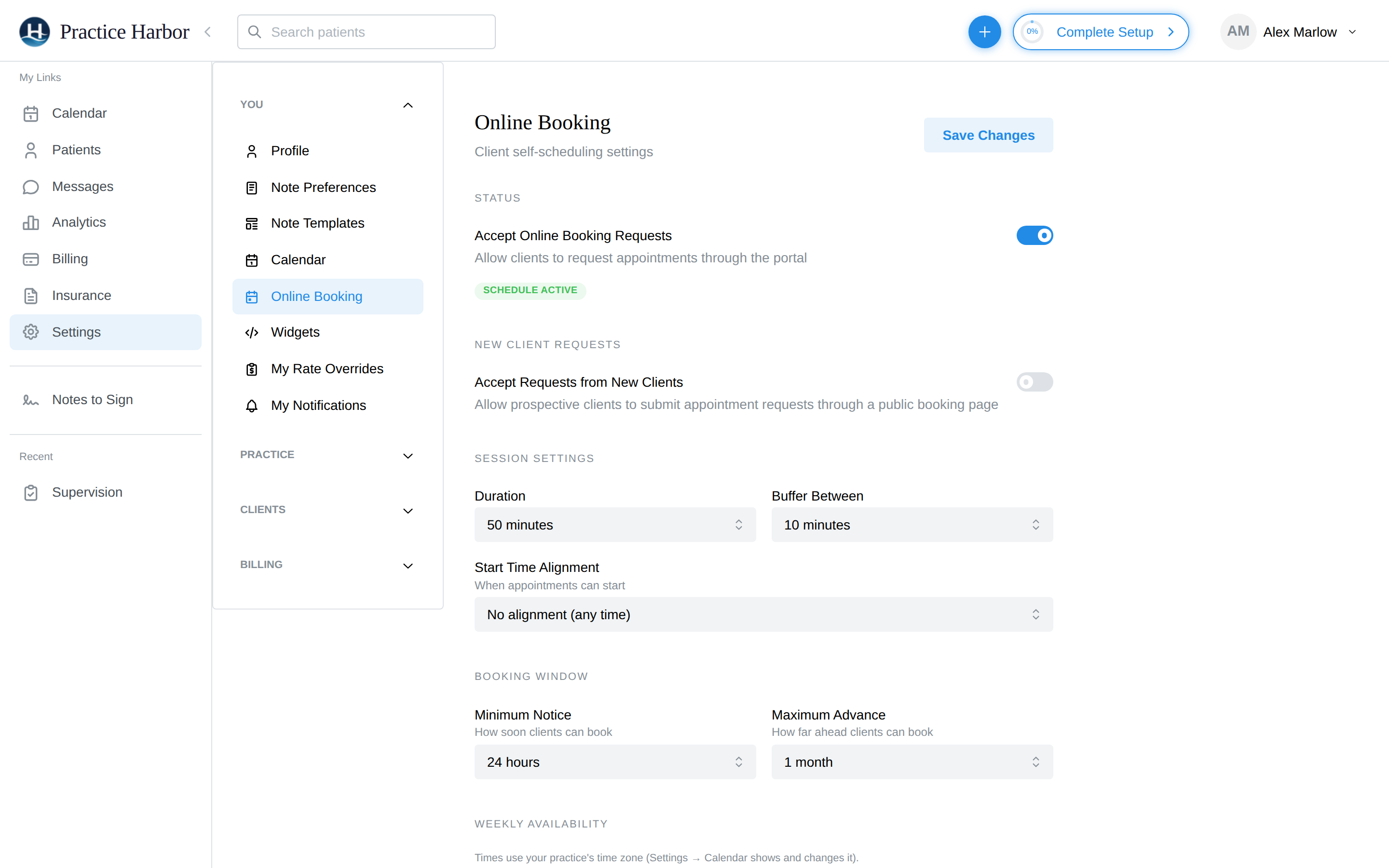 Online Booking settings with the Accept Online Booking Requests switch on
