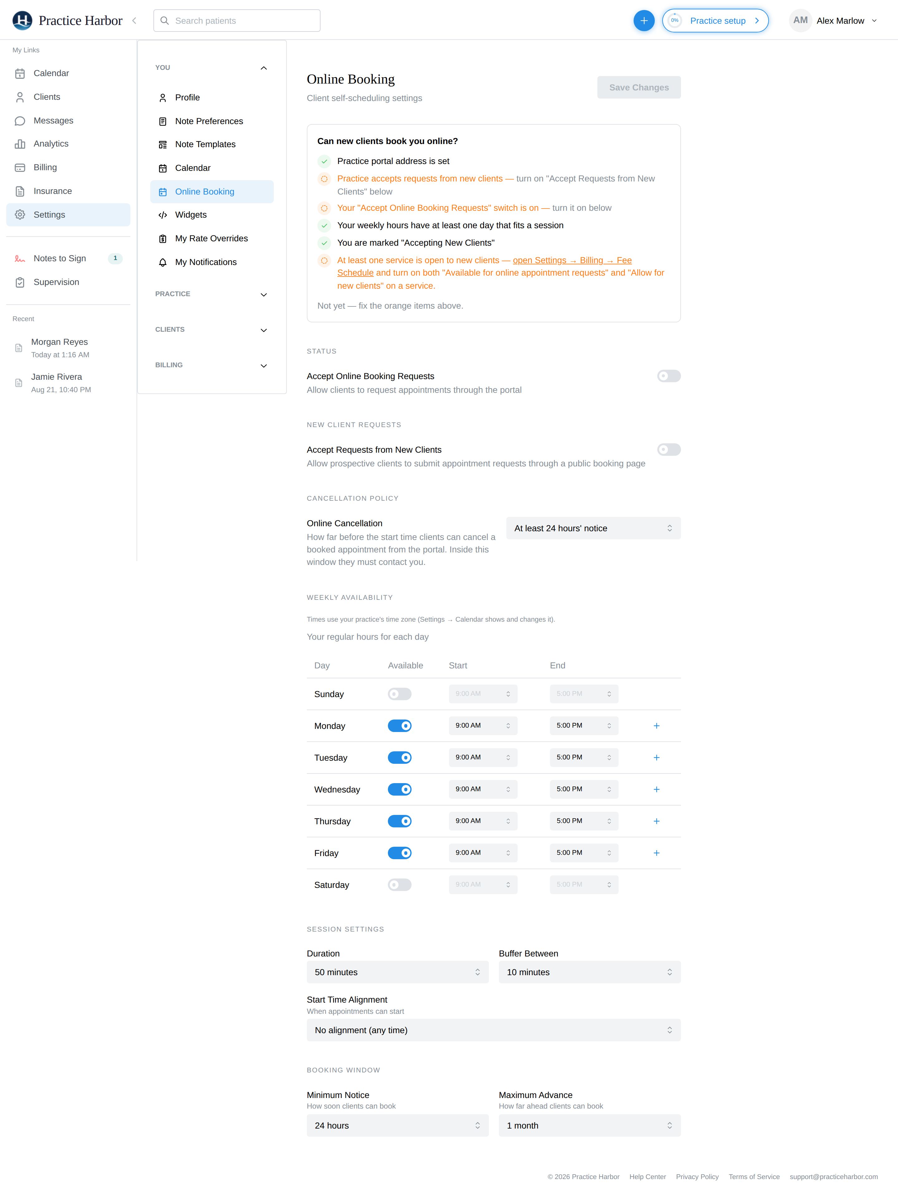Online Booking settings with the request toggles