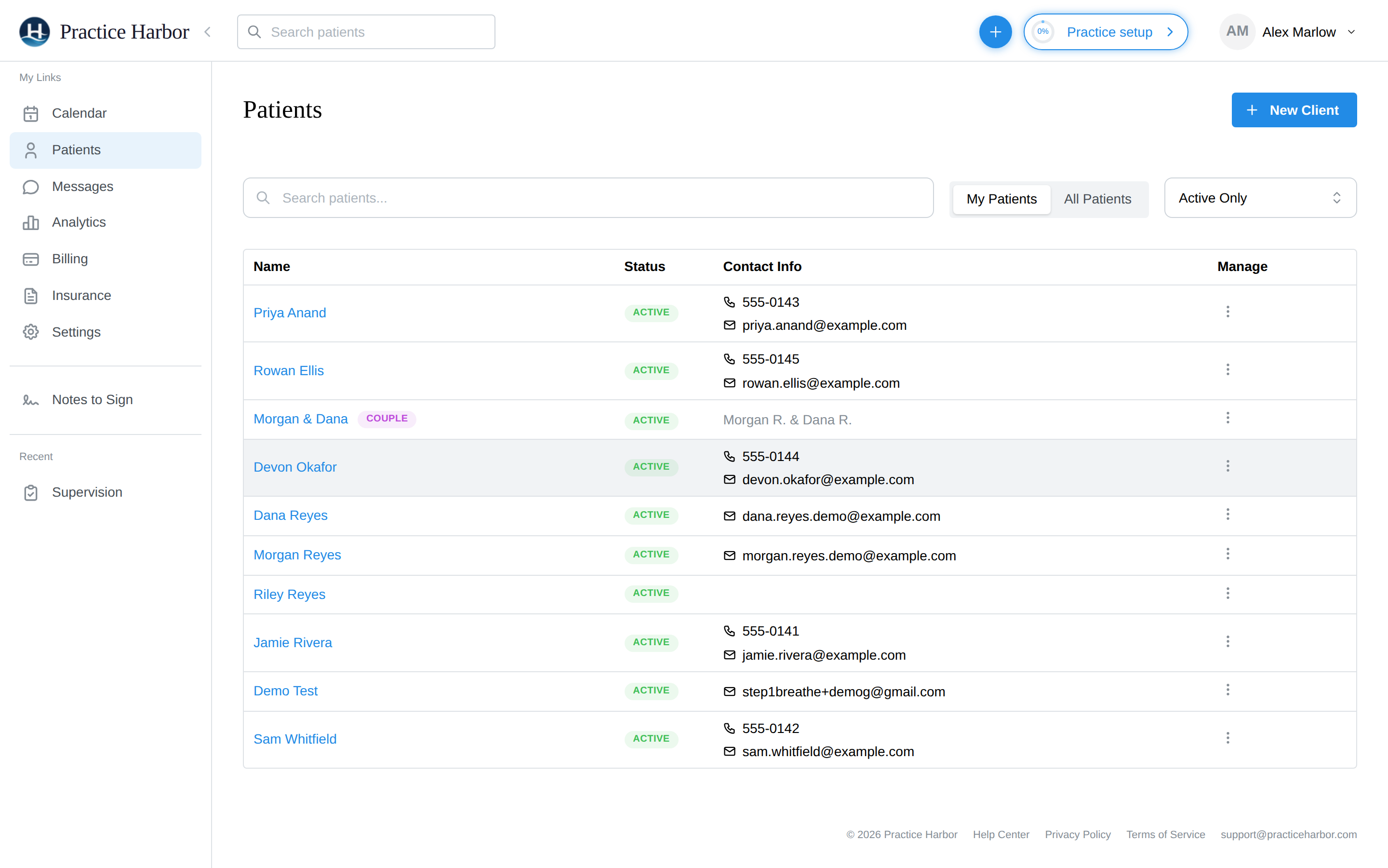 The Clients page with search, view toggle, and per-row menus