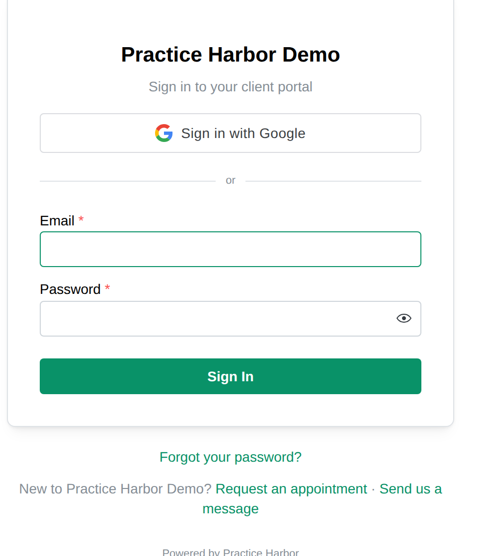 The client portal sign-in page with the new-client links