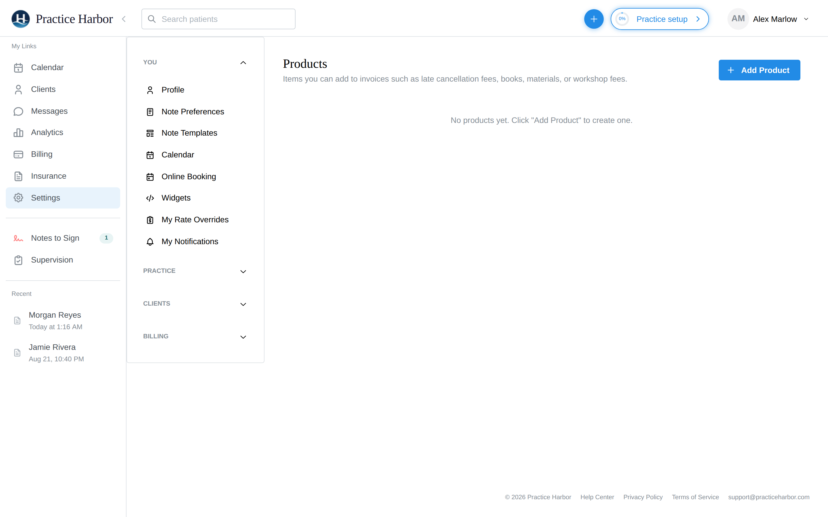 The Products settings page