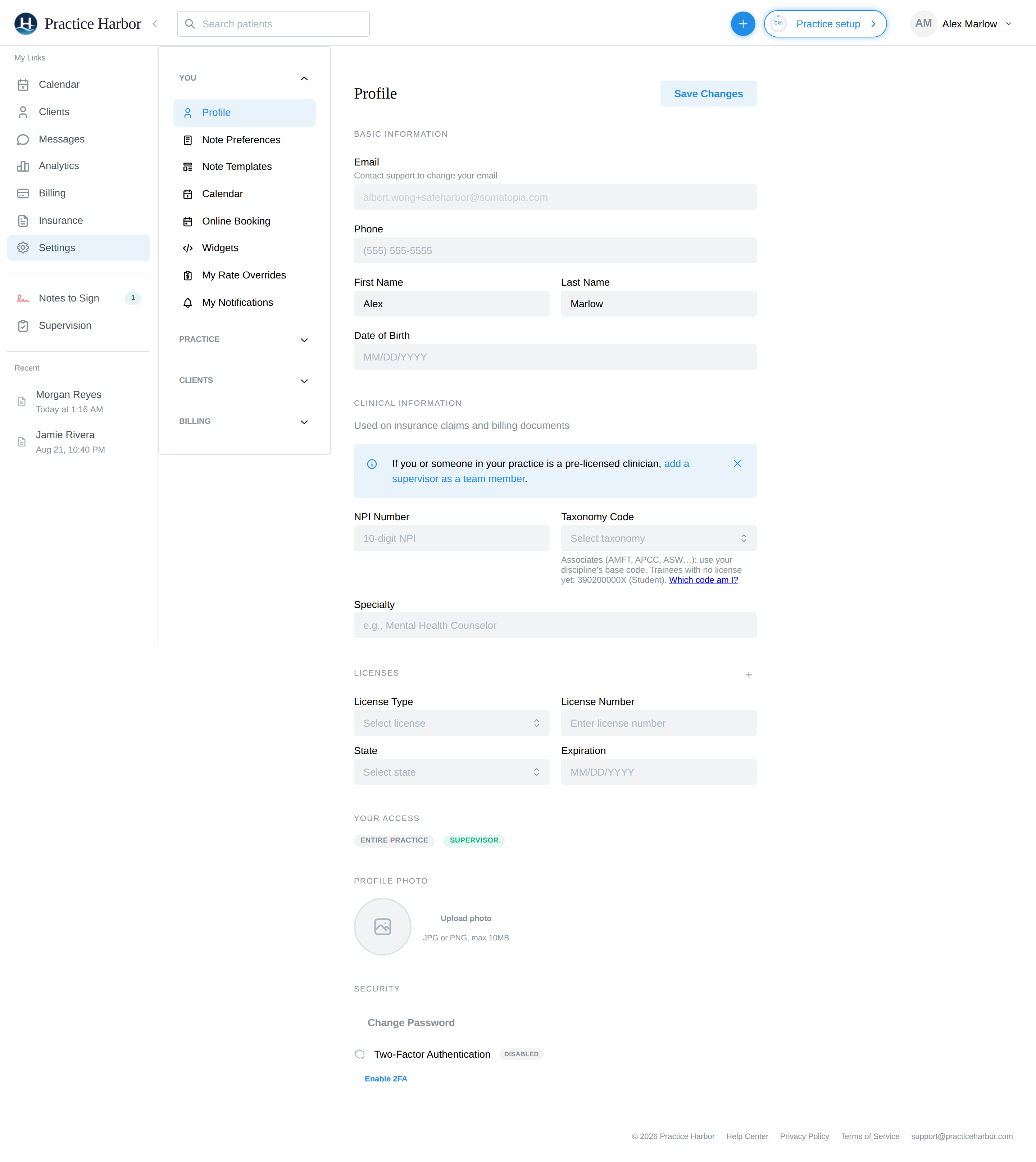The Profile settings page: basic information and clinical information