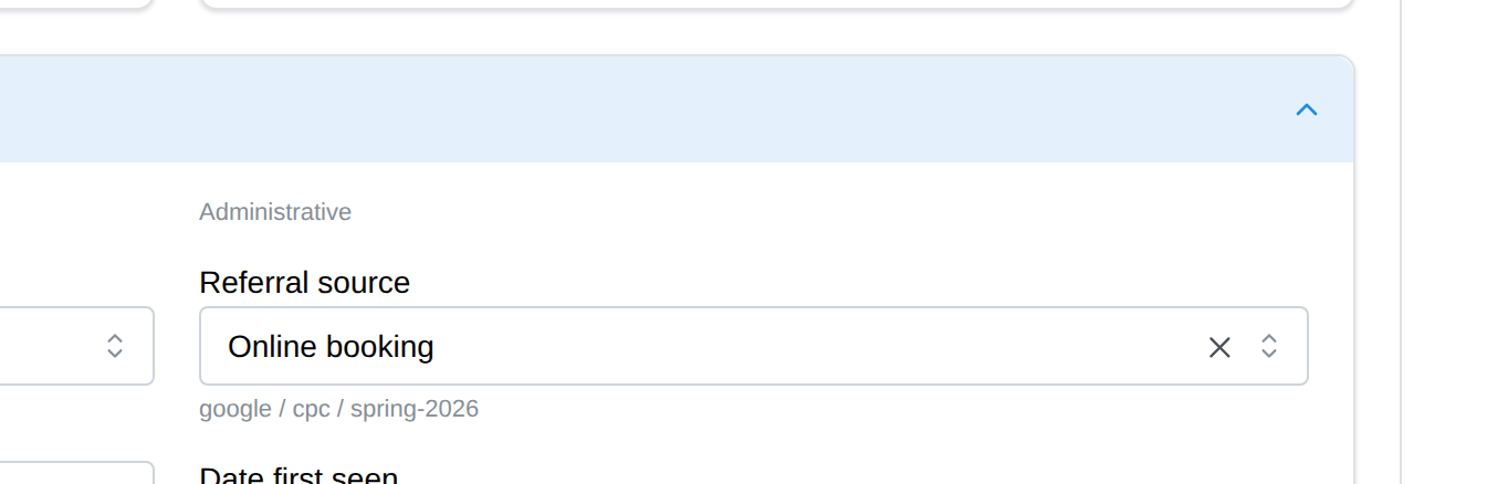 The Administrative section of the client edit page with the Referral source picker open