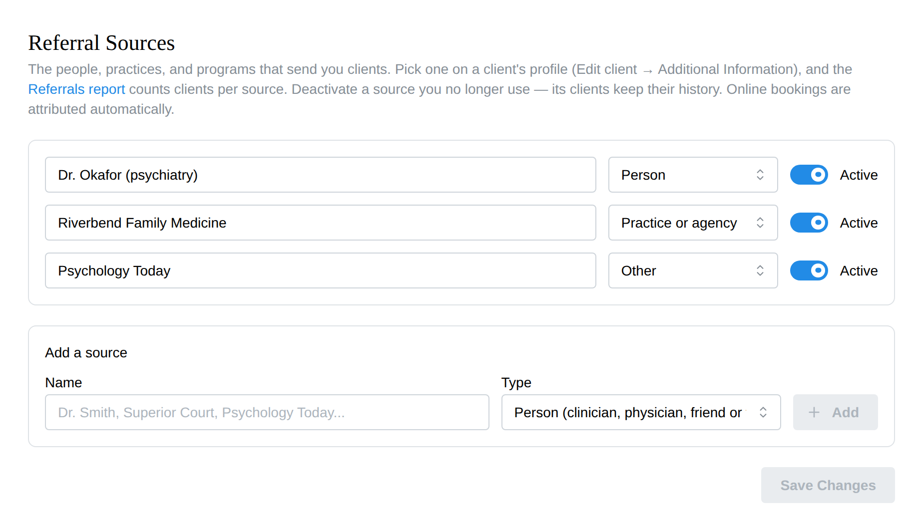 The Referral Sources settings page with several sources and the Add a source form